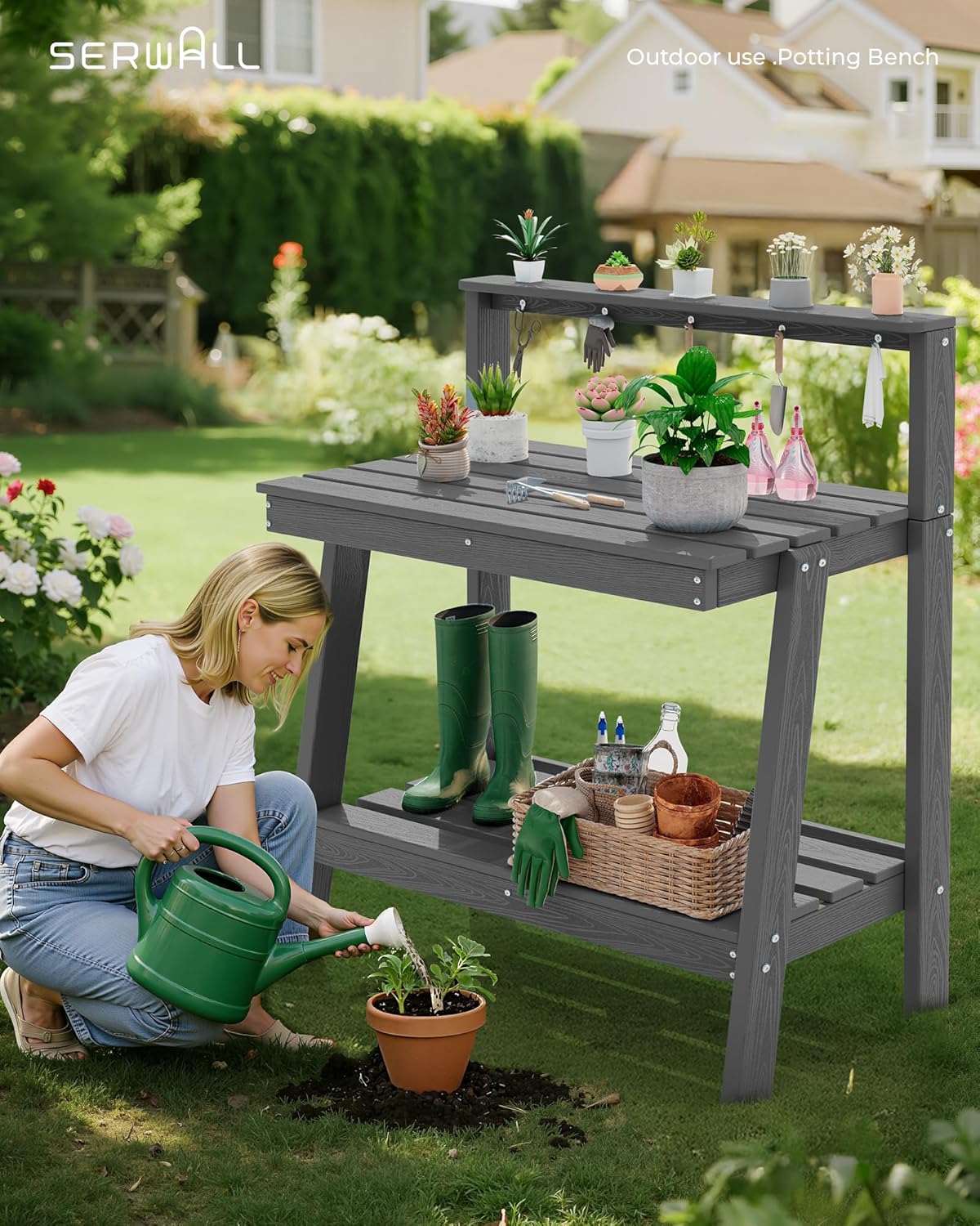 SERWALL Potting Bench Outdoor with Storage Set of 2, 3-Tier HDPE Gardening Table with Angled Legs & Tool Hooks, All-Weather Heavy Duty Potting Table for Patio, Backyard, Garden, Gray