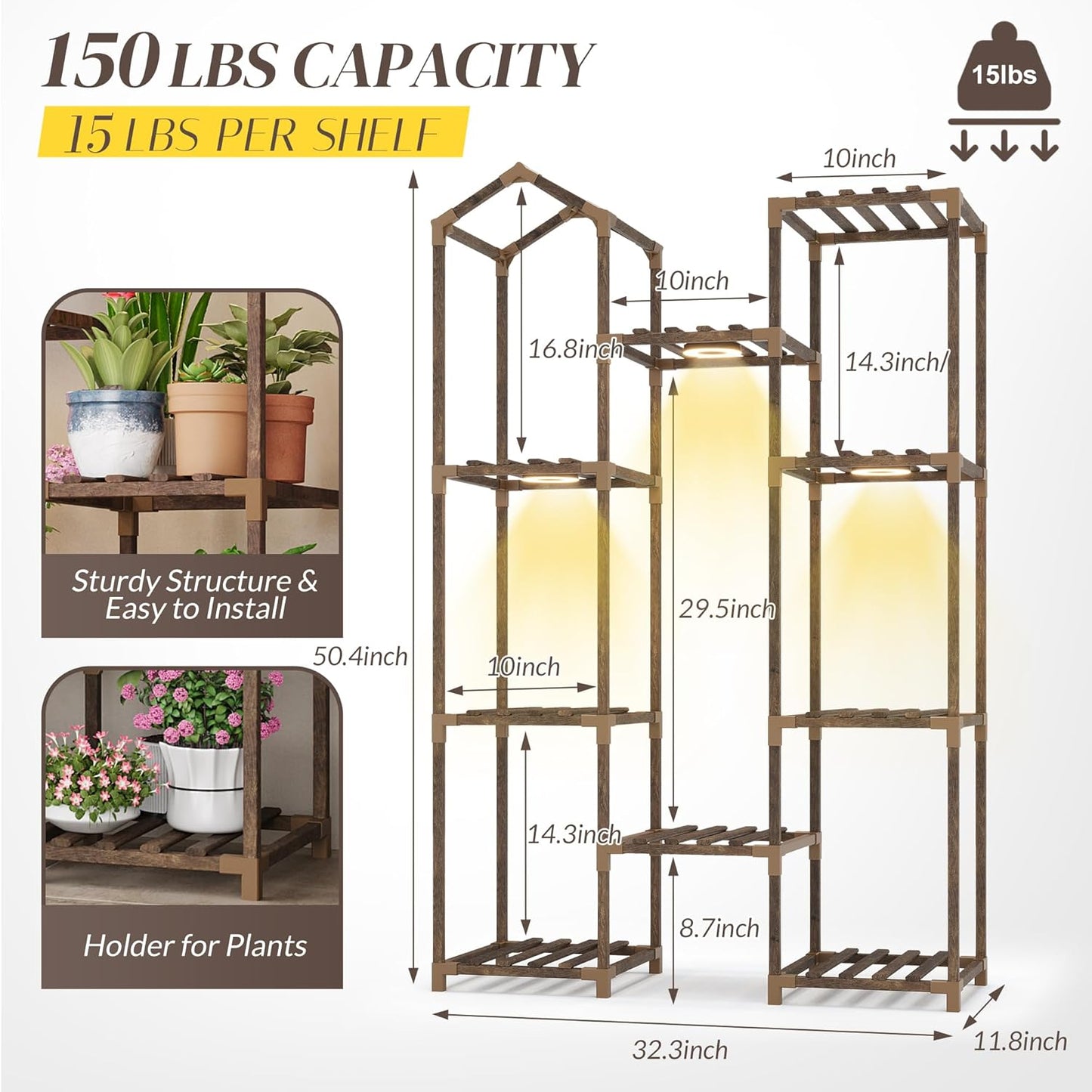 Wooden Plant Stand with Grow Light, 4-Tier Indoor Ladder Shelf with Roof Design, Carbonized Wood Rack for Balcony, Corner, or Living Room, Space-Saving Decorative Holder