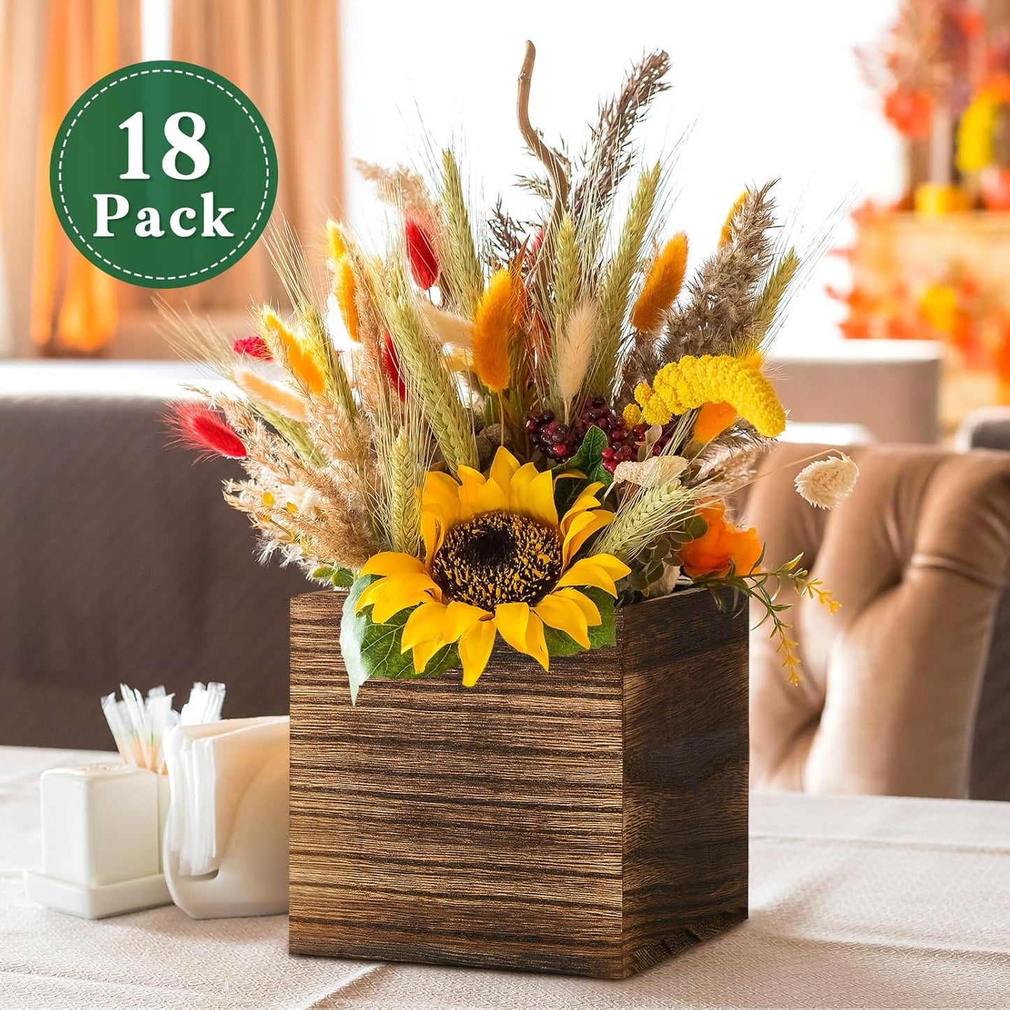 Dandat 18 Set Wood Cube Planter Box Square Wood Vase Rustic Cube Planter Box with Removable Plastic Liner Floral Foam Blocks for Centerpieces Home Wedding Garden Decor, Country Style (Brown)