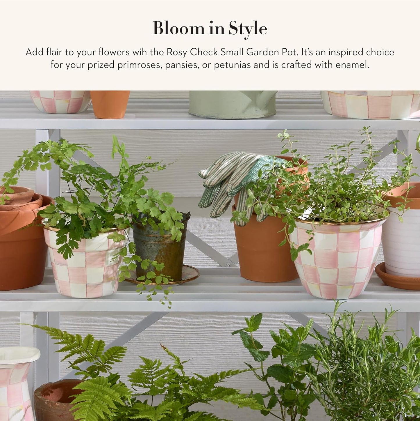 MACKENZIE-CHILDS Enamel Garden Pot, Decorative Pot for Plants, Outdoor Flowerpot Decor, Small, Pink-and-White Rosy Check