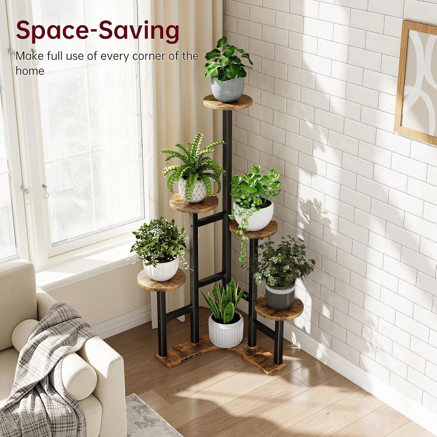 Corner Plant Stand Indoor, 6 Tiered Corner Plant Shelf Flower Stand for Multiple Plants, Plant Shelves Organizer Rack for Living Room, Balcony, Patio, Garden, Round Rustic Brown