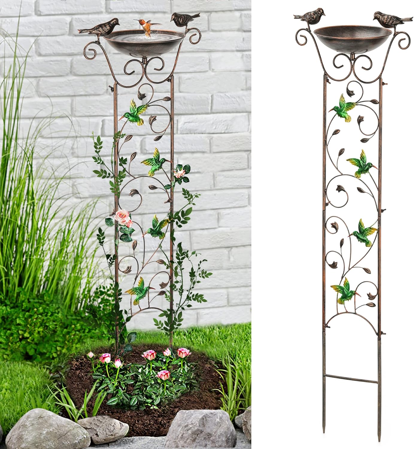 LEWIS&WAYNE Garden Trellis Bird Bath Outdoor, 40 Inch Antique Iron Garden Plant Trellis Decorative with Hummingbirds and Detachable Drinking Basin Bowl, Free Standing BirdBath Birdfeeder Station