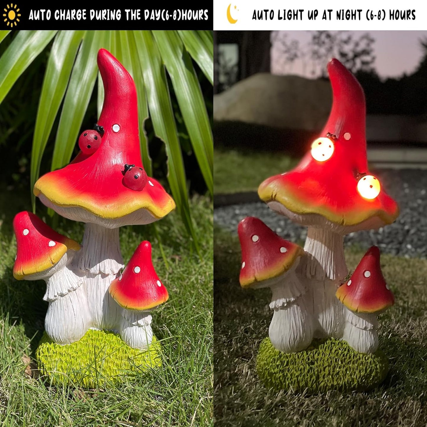 COWOS Solar Mushroom Garden Statue, Fairy Garden Accessories Outdoor Statues, Mushroom House Decor, 3 Mushrooms Head for Patio Yard Lawn Porch Outdoor Decor