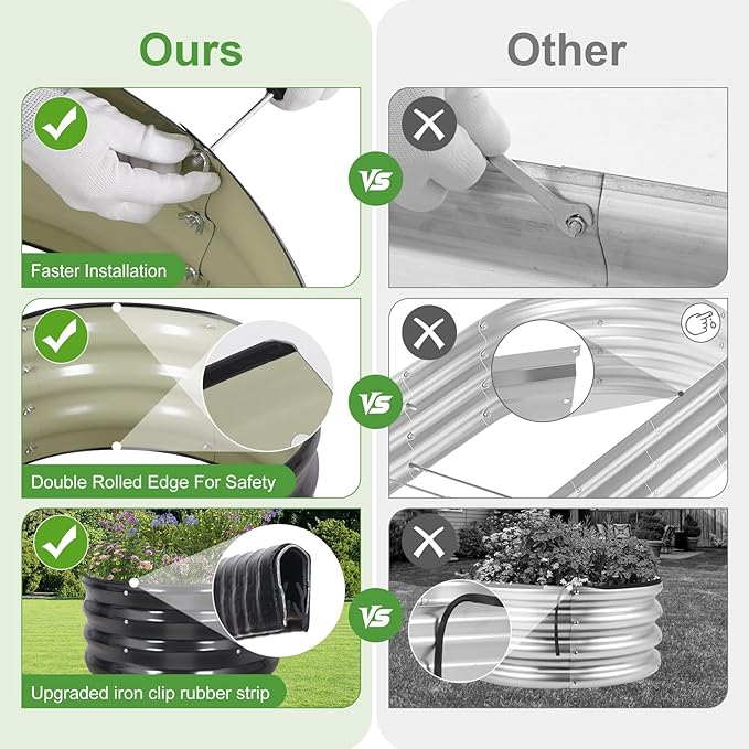 Galvanized Raised Garden Bed- 2Pcs 2x2x1FT Metal Planter Boxes Outdoor | Round Steel Raised Bed Kit & Fire Pit Ring for Gardening with Protective Tape, Gloves for Vegetables, Flower (Grey)