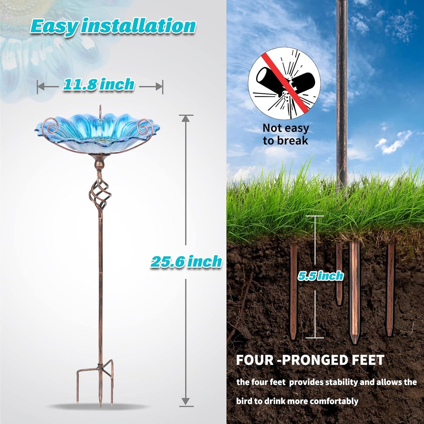 MUMTOP Bird Baths for Outdoors, Outdoor Bird Bath,Glass Birdbath Sunflower Bird Feeders Bowl with Stake for Garden Yard Decor (Blue)