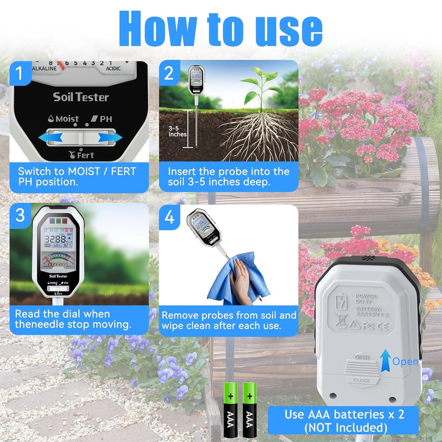 Soil Moisture Meter, 7-in-1 Soil PH Tester/Soil Moisture/Fertility with Removable Probe, Digital Air Temp/Humidity/Sunlight Intensity/BGR Spectral for Plants Gardening, Lawn and Indoor Outdoor Plants