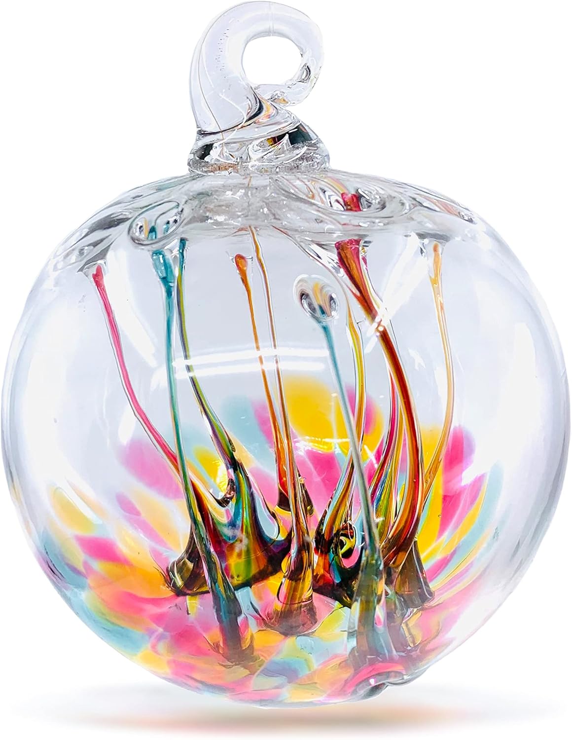 Luke Adams Glass | 3" Mini Glass Tree of Life | Handmade Ornament | Hanging Garden Gazing Ball | Indoor Outdoor Home Décor | (Pink Amber Teal)