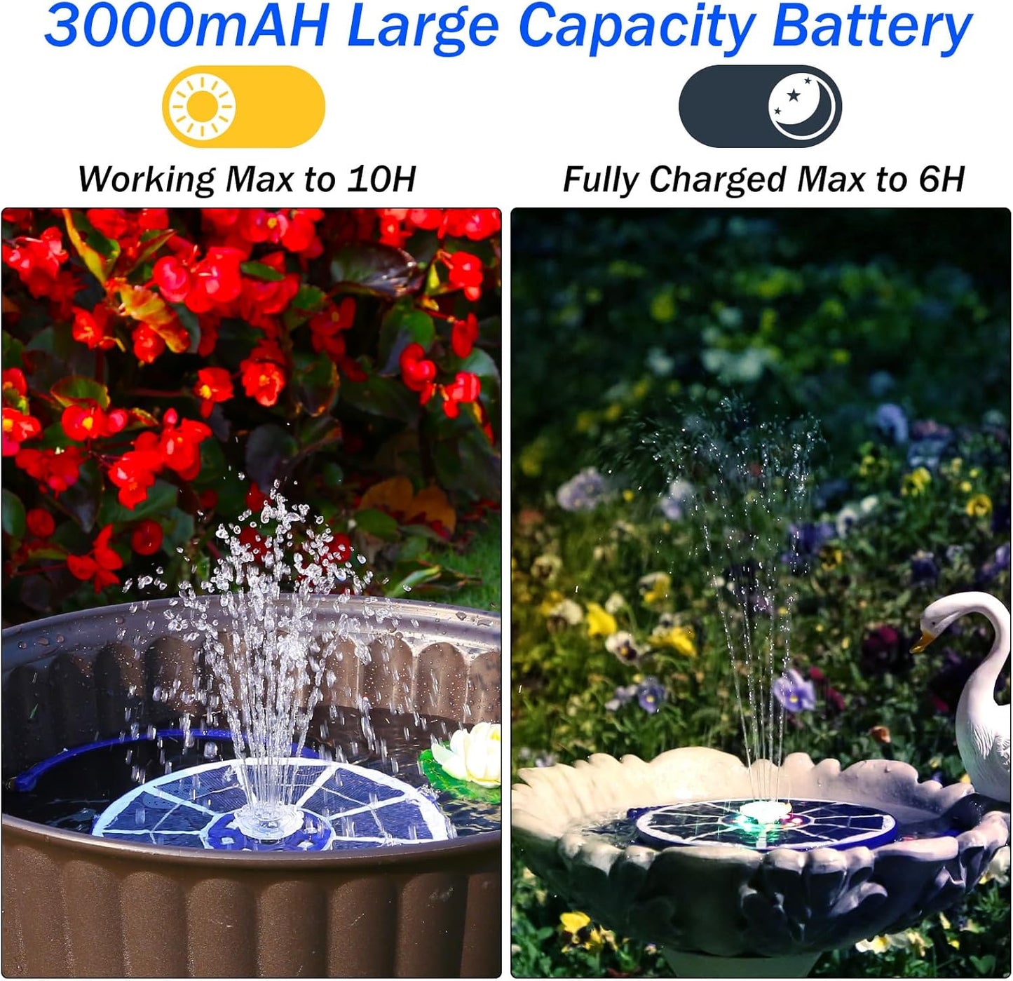 AISITIN 3.5W Solar Fountain Pump with LED Colorful Lights & 3000mAh Battery, Solar Bird Bath Fountain with 10 Nozzles, Solar Water Pump for Garden, Pond and Outdoor (Purple)