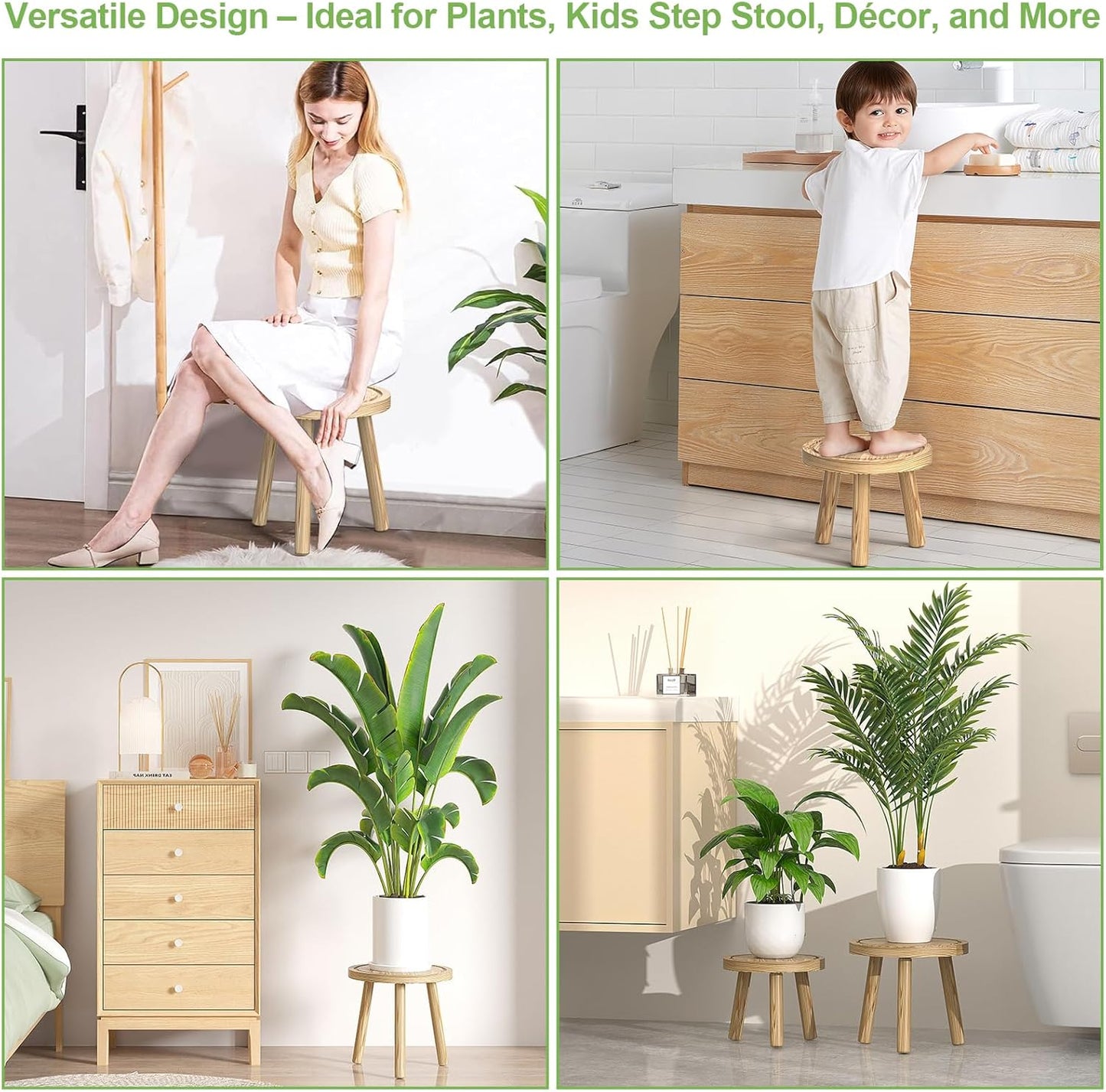 3-Pack Wood Plant Stands Indoor, Single Plant Stand for 6-12 Inch Pots, Mid-Century Modern Plant Stool, Tall Plant Stand for Large Plants for Living Room, Balcony, Office (Light Brown