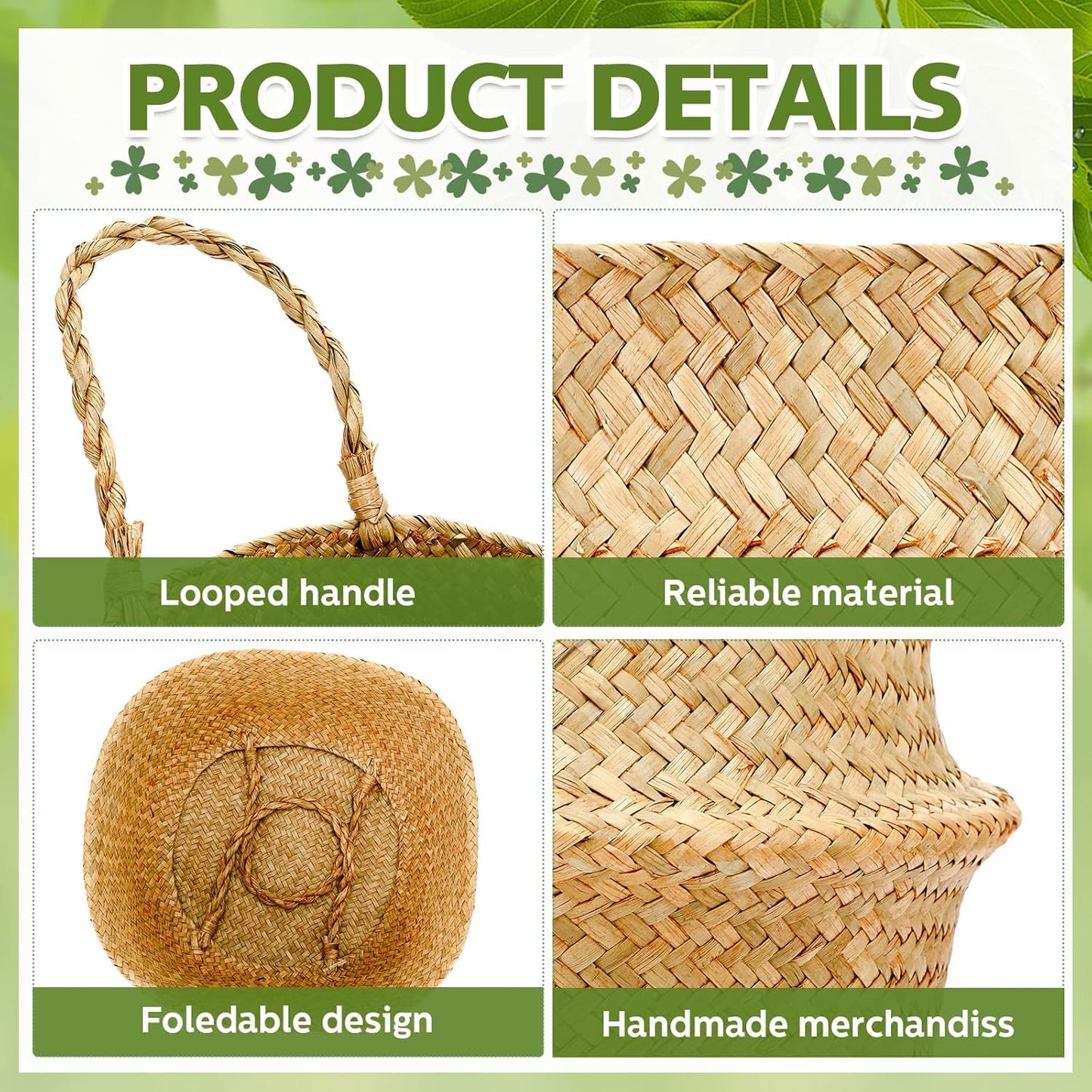 Qunclay Woven Seagrass Baskets Belly Basket Folding Boho Natural Plant Pot with Handles Round Decorative Wicker Large Indoor Planter for Home Outdoor Tree Planters Decor(12 x 11 Inch, 4 Pcs)