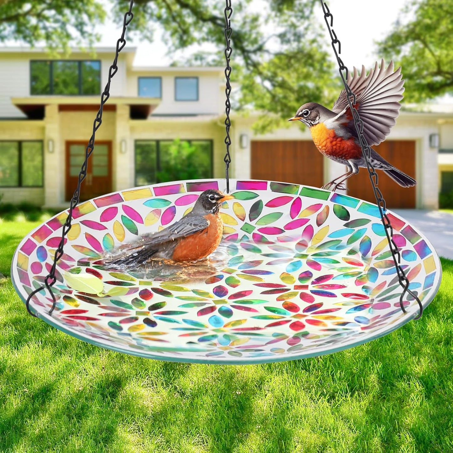 VCUTEKA Hanging Bird Bath, Glass Mosaic Bird Baths for Outdoors Birdfeeder with 21 inch Rust-Proof Chain for Garden Yard Decor
