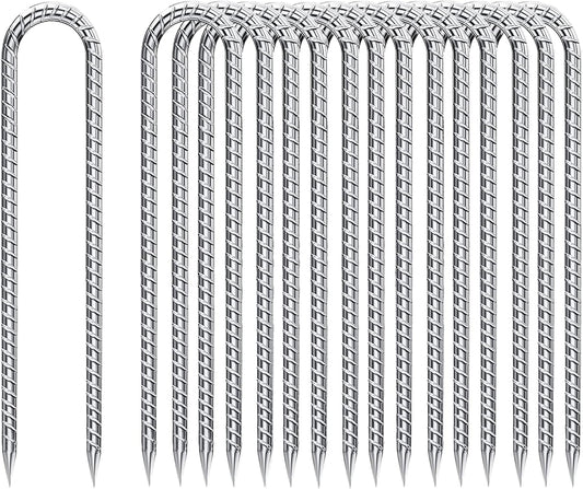 Rebar-Stakes-12-Inch-Galvanized, U Hook Trampoline Stakes 20 Pack Ground Anchors Tent Stakes Heavy Duty for Plants Anti-Rust Landscape Fabric Stakes Artificial Turf