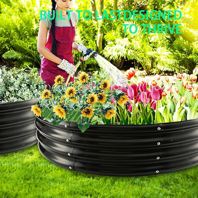 Durable Round Galvanized Steel Raised Garden Bed for Planting,Round Galvanized Steel Fire Ring/Fir Pit for Outdoor- 5×5×1FT,0.8MM Thick(Black, 60 ins Diameter x 12 ins high)