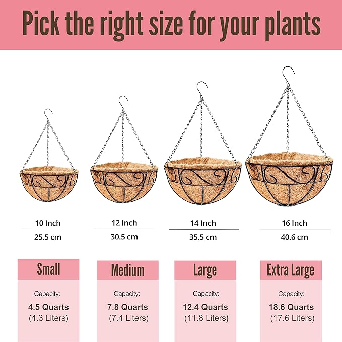 LaLaGreen Hanging Planter for Outdoor Plants (6 Pack, 16 Inch) Hanging Baskets with Coco Liner, Metal Wire Flower Basket Pots with Hook Hanger Balcony Porch Farmhouse Country Style Garden Decor