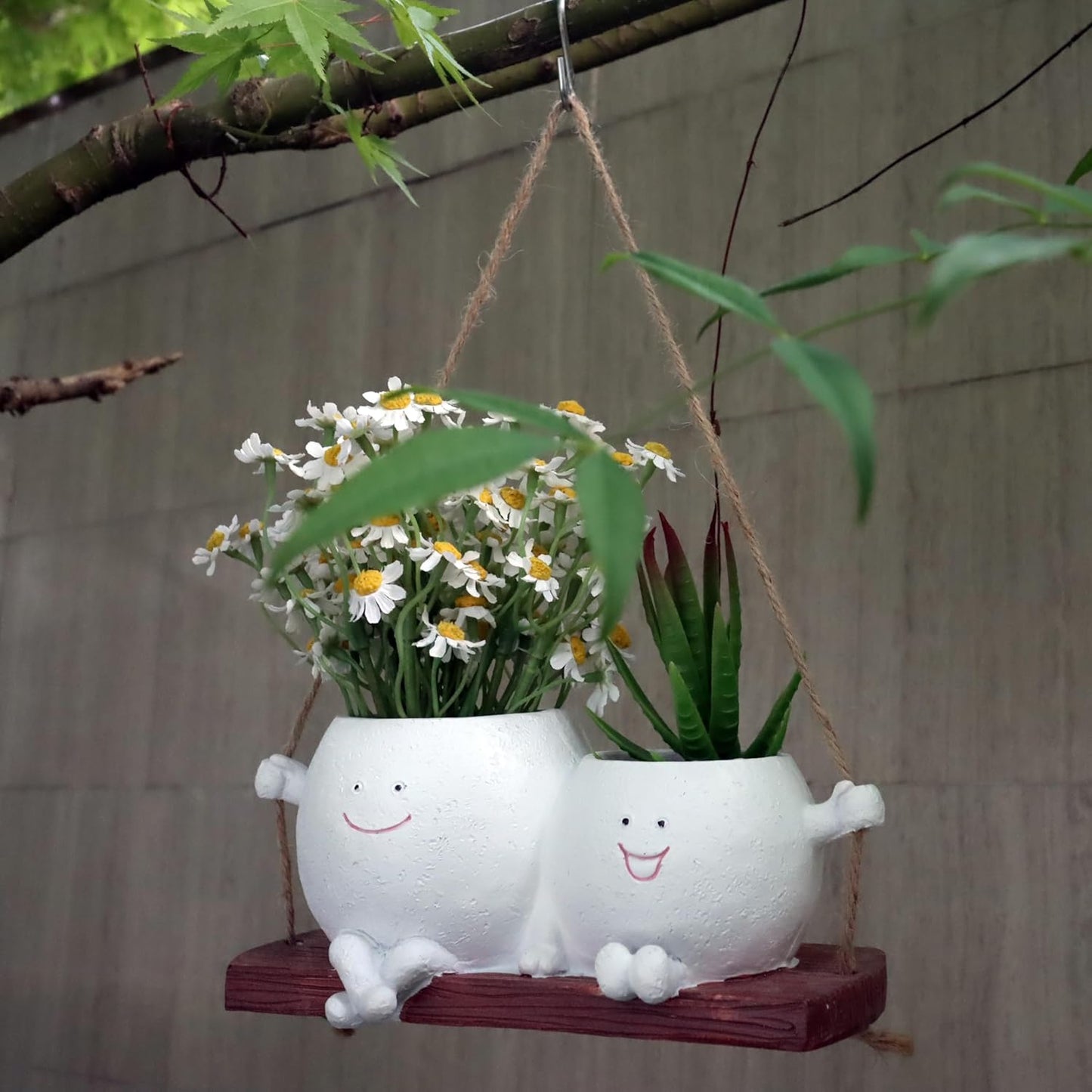 Cute Hanging Face Planter Pots, Funny Swinging Two Head Planters Cactus Plant Pots for Indoor Outdoor Plants, Unique Succulent Wall Planters Whimsical Flower Vase