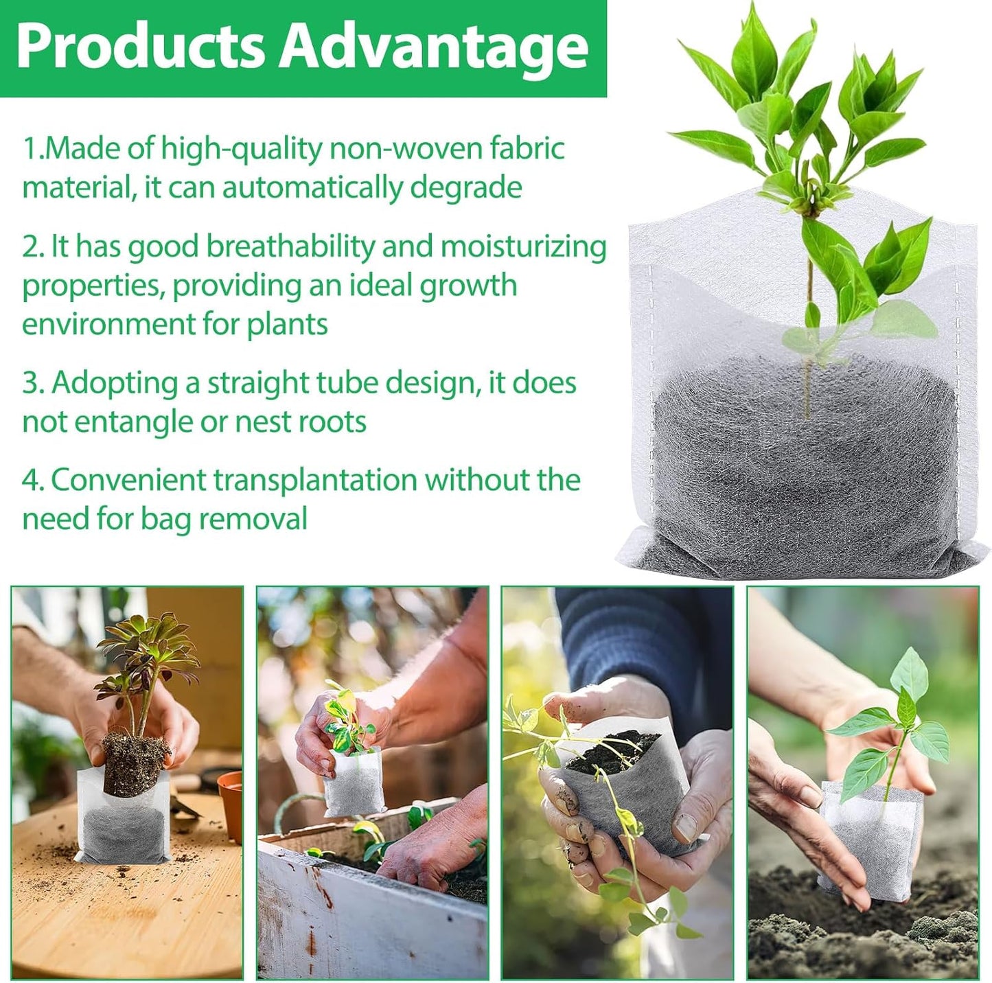 Augshy 200Pcs Nursery Growing Bags, Non-Woven Fabric Seedling Pots for Planting Seed Starting Pots Pouches for Vegetable Flower Fruit Saplings Tree (4.2" x 4.2")