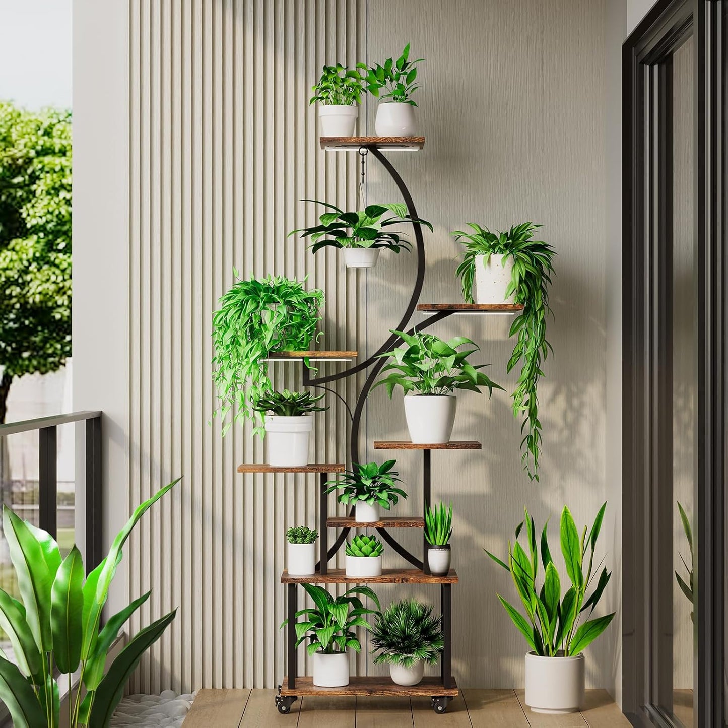 Plant Stand Indoor with Grow Lights, 8 Tiered Indoor Plant Shelf with Wheels, 62" Lighted Corner Plant Stands for Indoor Growing, Large Flower Holder for Living Room, Balcony, Black