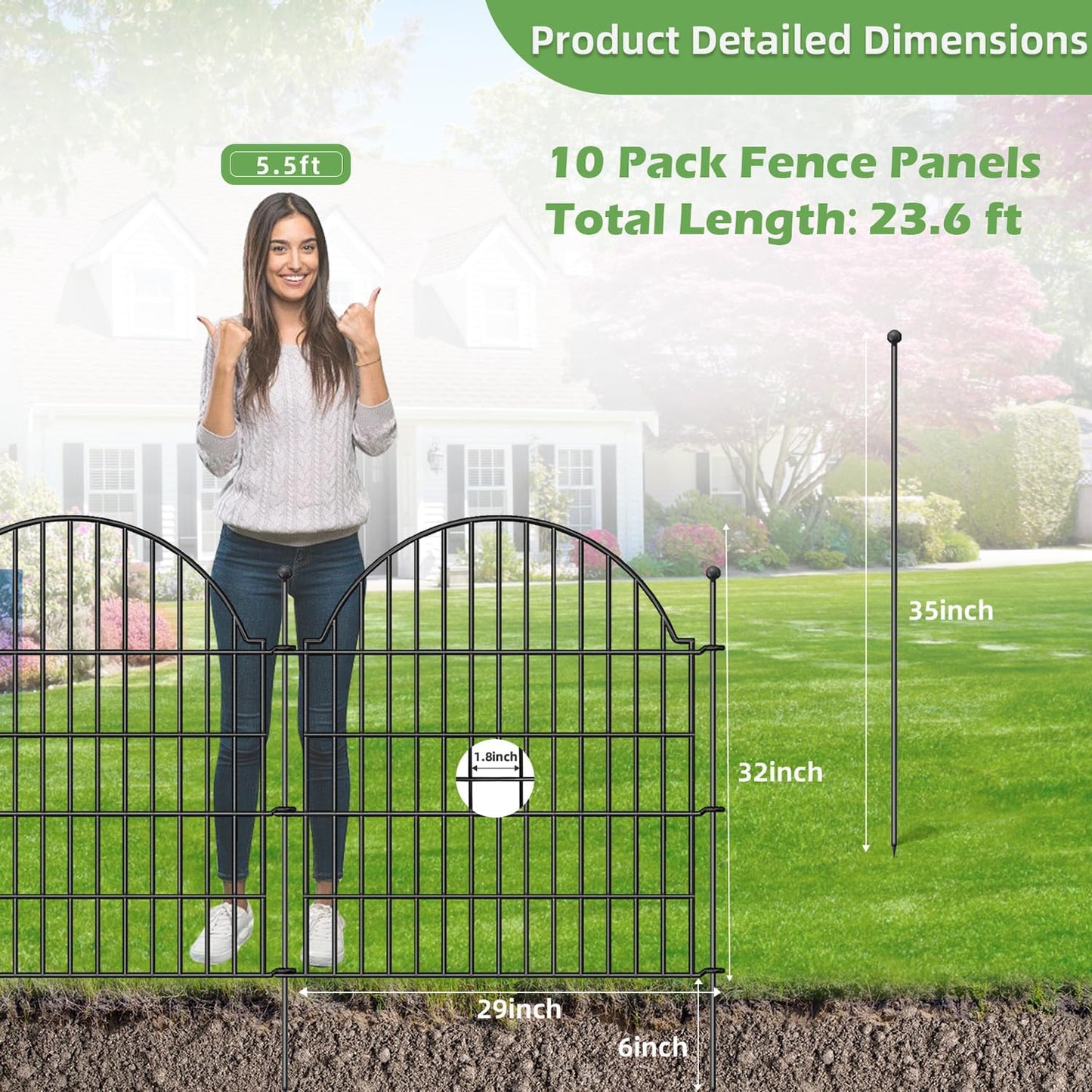 Decorative Metal Garden Fence 10 Panels, 32in (H) x 23.6ft (L) No Dig Dog Fence Outdoor for Yard, Temporary Rustproof Metal Wire Rabbit Dog Garden Border Fencing for Patio