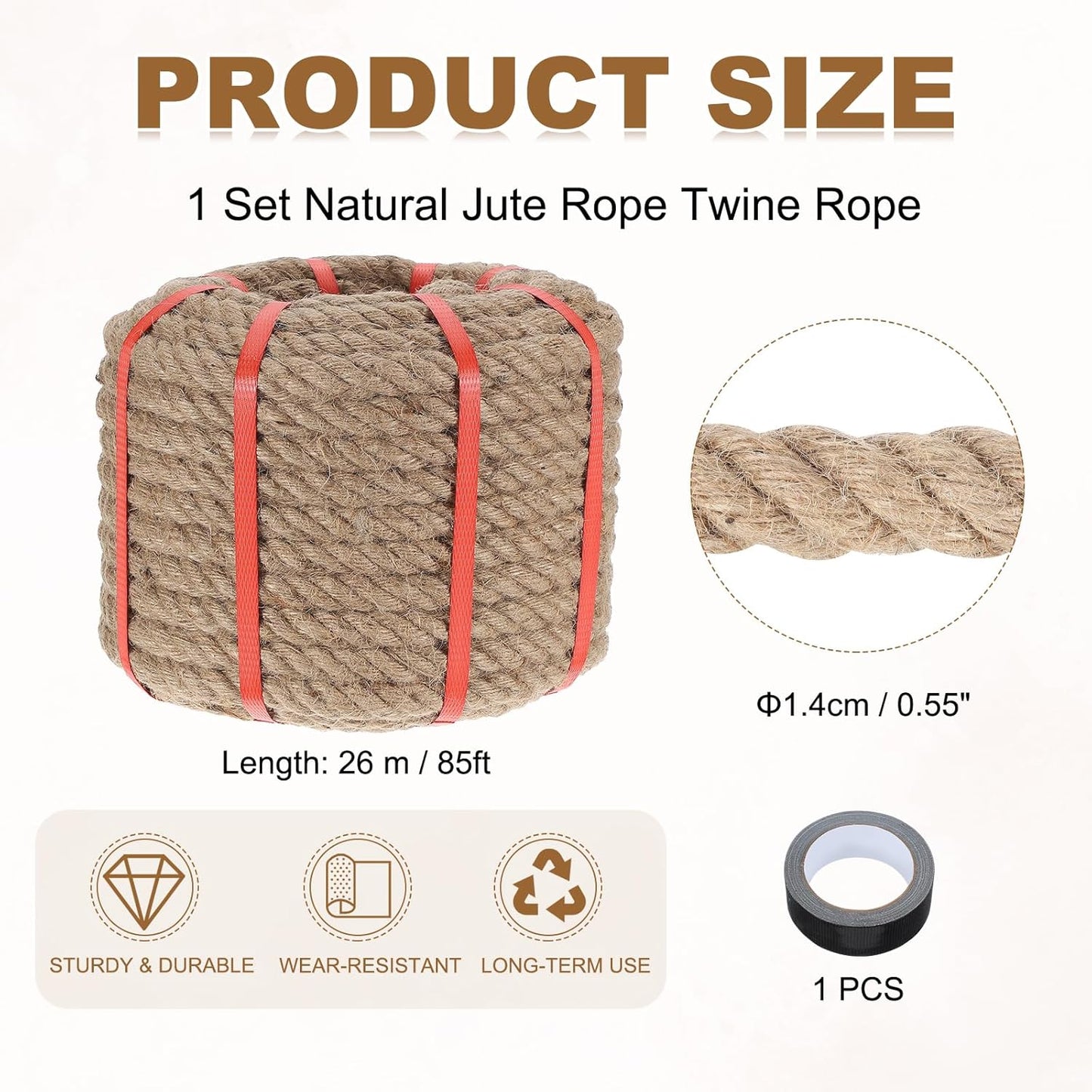 MECCANIXITY Jute Rope 0.55 Inch x 85ft, Thick Twine Rope Ropes Braided Jute Twine Natural Brown Burlap Cord String Heavy Twisted with Tape for Decorative Crafts Railing Swing Tug of War