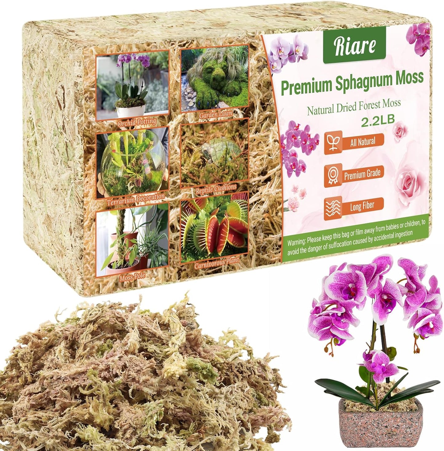 Riare 2.2 LB Premium Sphagnum Moss for Plants- 40QT Natural Long Fibered Sphagnum Peat Moss Plants Moss Dried, Carnivorous Plants Moss Orchid Potting Mix for Orchids, Carnivorous Plants, Succulent