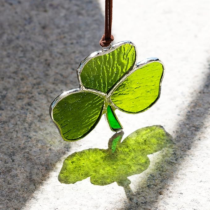 Handmade Stained Glass Shamrock Sun Catcher Window Hanging Irish Suncatcher St. Patrick's Day Decor for Home Green Clover Flower Stained Glass Window Panels for Window 3inch