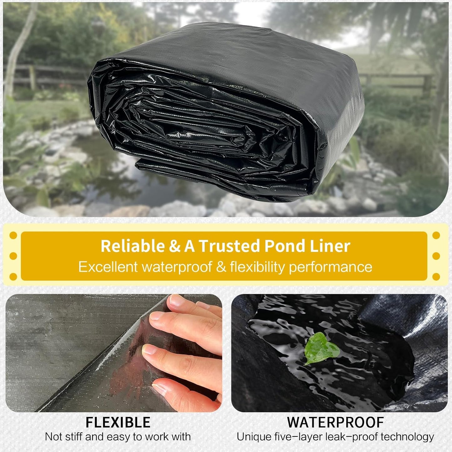 yeezoo 36X45FT Reinforced Large PE Pond Liner, KOI Pond Liners for Outdoor Ponds, Enhanced 5-Layer Structure Pond Liner for Fish, Duck, Garden Raised Bed and Waterscape Pond(0.82oz/sq ft Thickness)