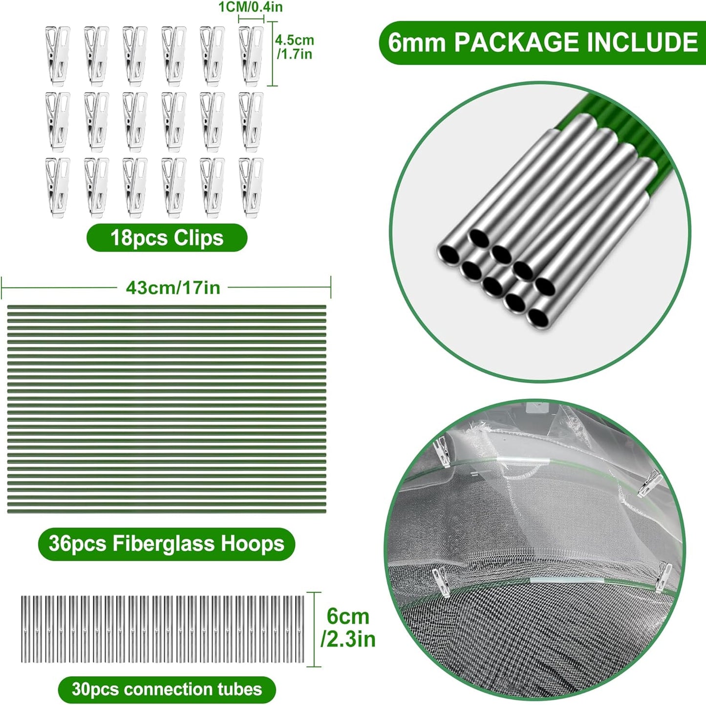 FOTMISHU Garden Hoops for Raised Beds Row Cover,6 Sets 8.4ft Grow Tunnel,Rust-Free Fiberglass Greenhouse Support Hoops Frame for Garden Mesh Netting, Outdoors Plant Growth -36PCS