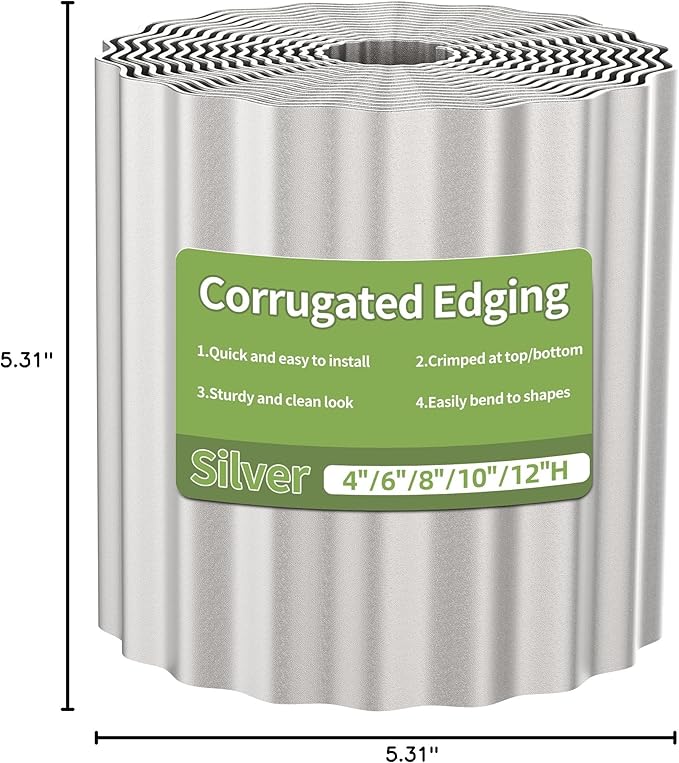 Corrugated Metal Garden Edging, 8"×10Ft Durable Landscape Border for Garden, Lawn, Flower Beds and Paver Edging (Silver)