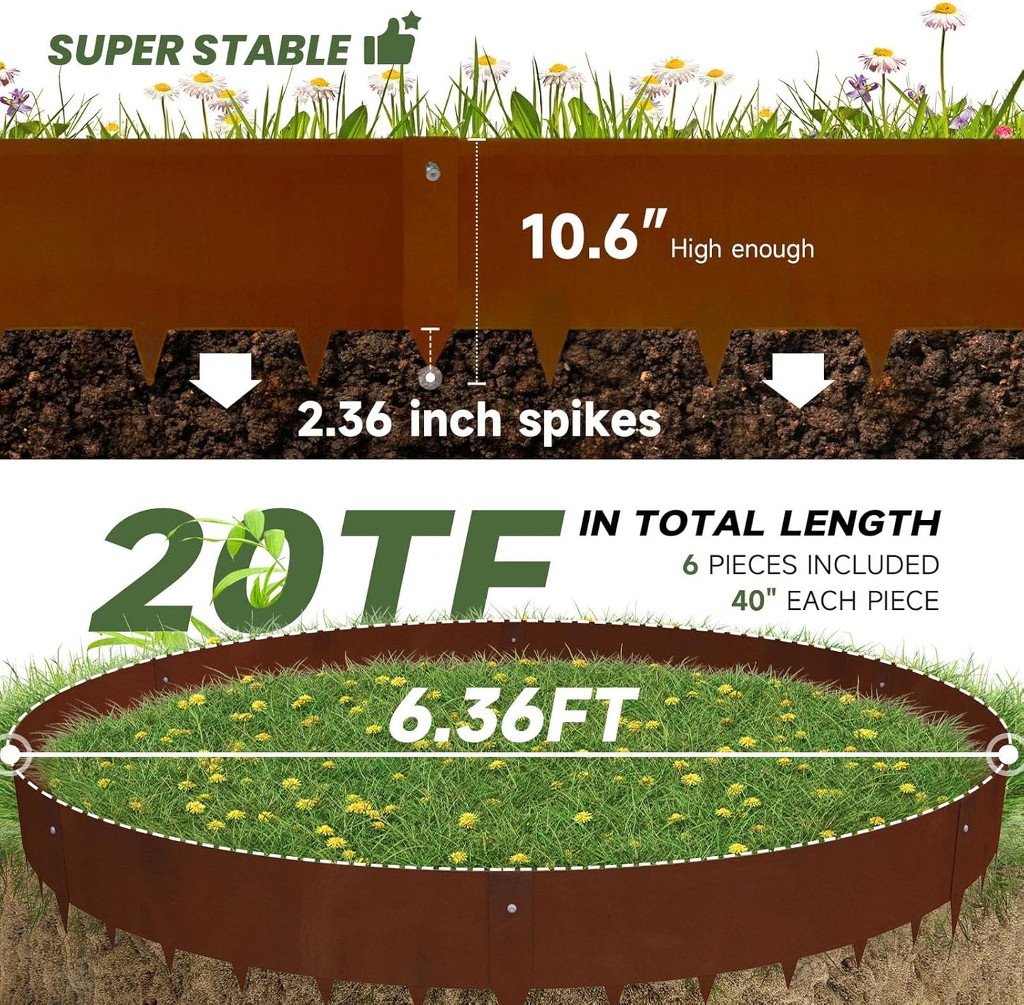 Corten Steel Landscape-40 LX 10" H Metal Garden Edging 20FT Total Rusted Lawn Edging 6 Pcs-No-Dig Hammer Heavy Duty Steel Edging-Bendable Border Strips for Lawn Yard Courtyard Pathway-6 Clips