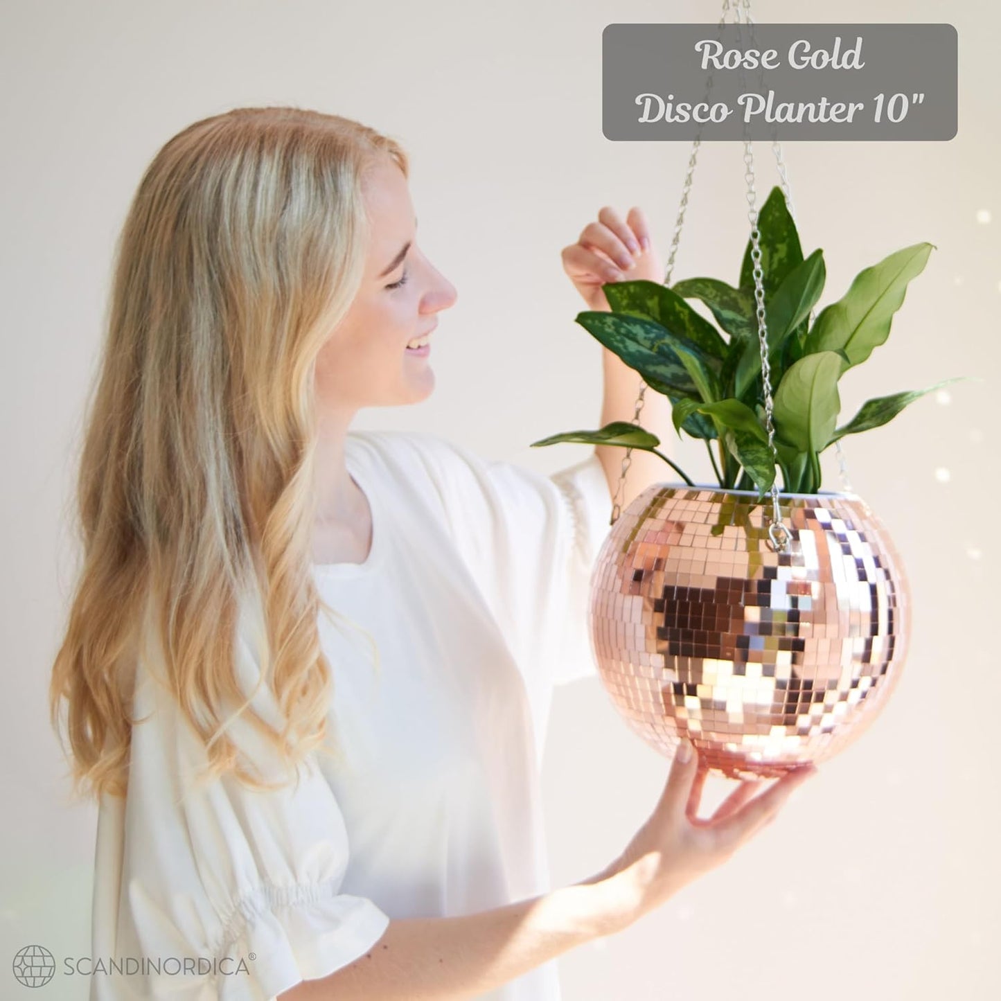 SCANDINORDICA Disco Ball Planter – Value Package: Mirror Disco Planter with Chain, Macrame Hanger and Acrylic Stand for Desk, Self Watering Insert, Plant Lover Gifts | 10 inch Rose Gold