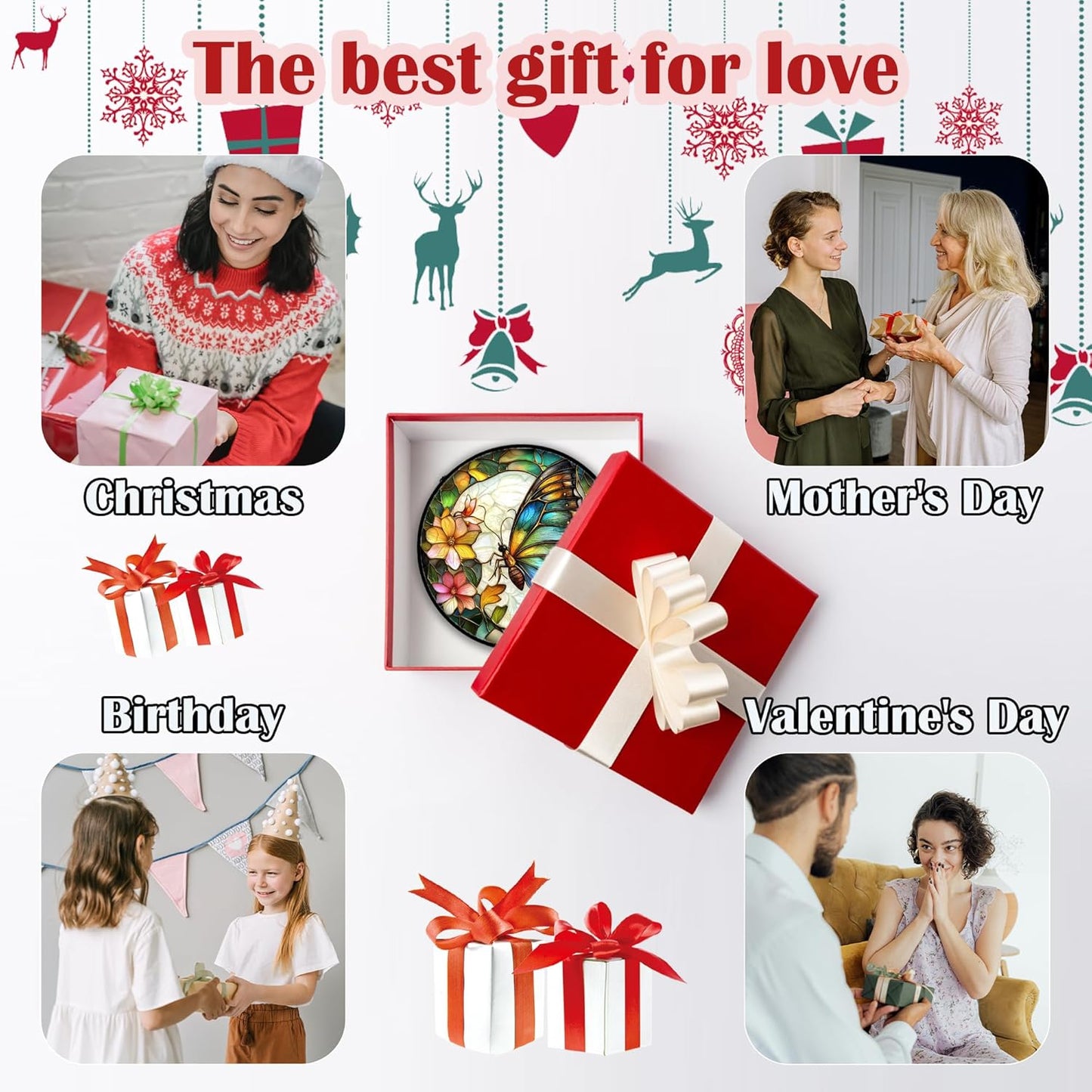 Stained Glass Window Hanging, Butterfly Flower Sun Catchers Diamond Glass Panel Hangings Insect Suncatcher Decor for Birthday for Women, Men, Wife, Aunt, and Mom 11.8x11.8 in