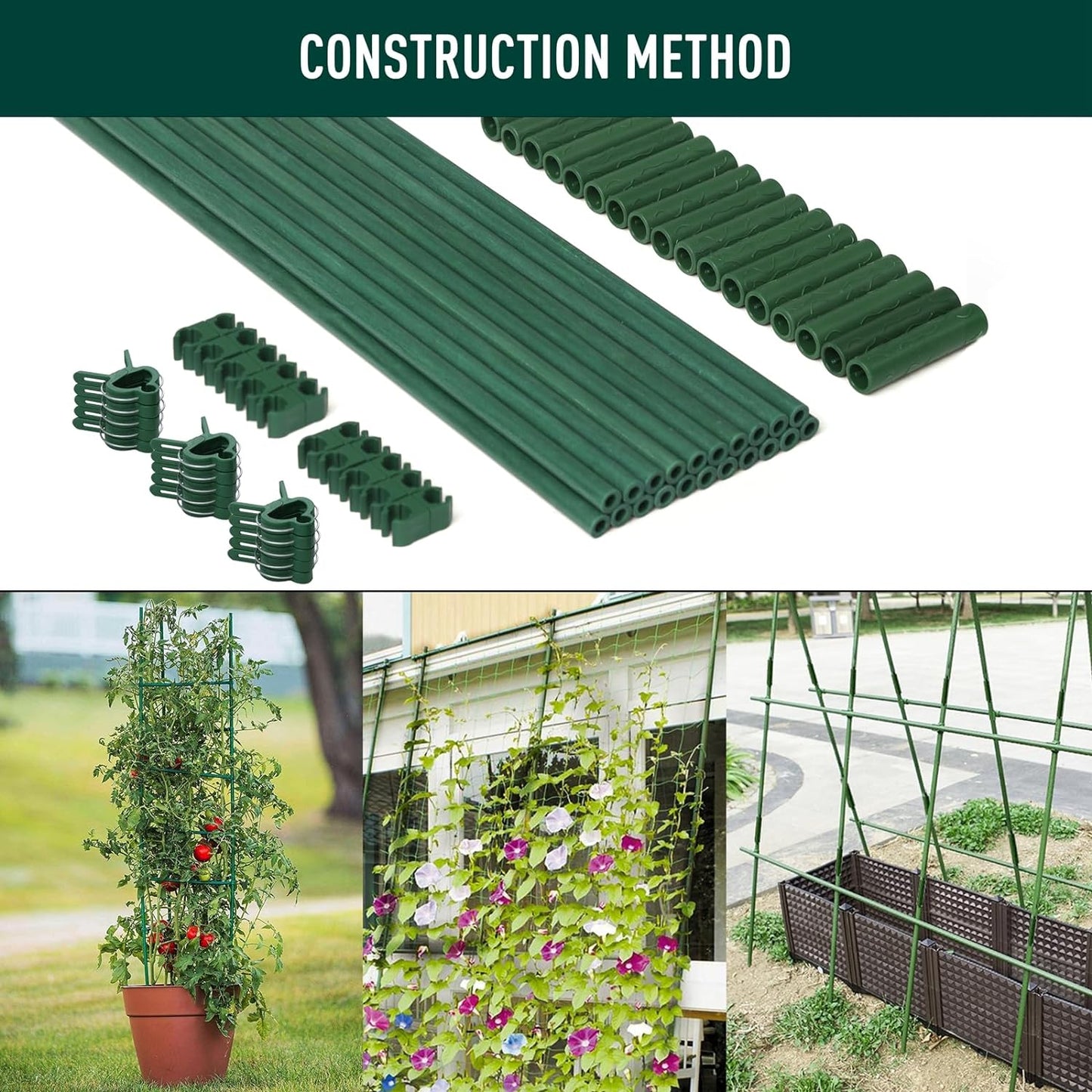 MAXPACE 62pcs Garden Stakes Kit: Includes 20 Sets of Fiberglass Plant Sticks Supports & Accessories for DIY 4ft, 5ft, 6ft, 7ft Stakes for Tomato, Vegetables, Indoor & Outdoor Gardening Supplies