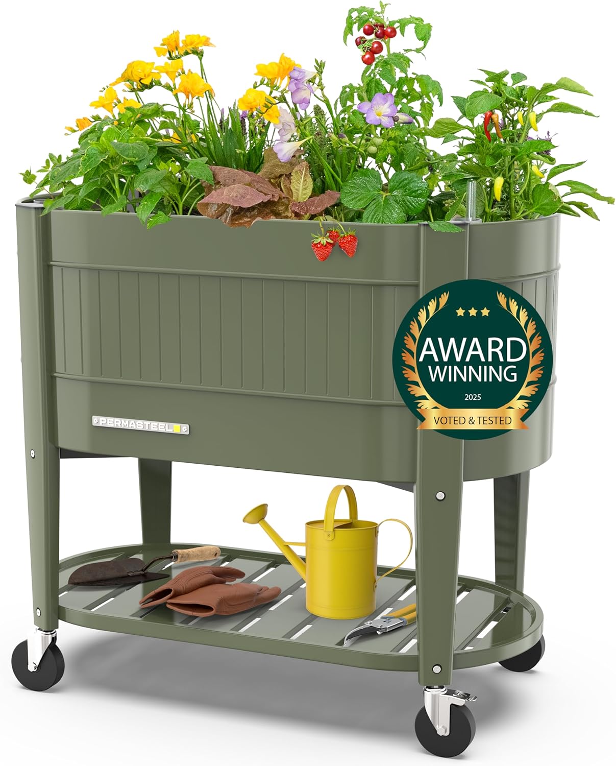 Permasteel Raised Garden Bed with Legs, 40×20×37 in, Planter Box with EnGrow™ TrueSoil™ Technology for Vegetables, Flowers, Herbs, and Fruit, Outdoor Indoor, Storage Shelf, Green