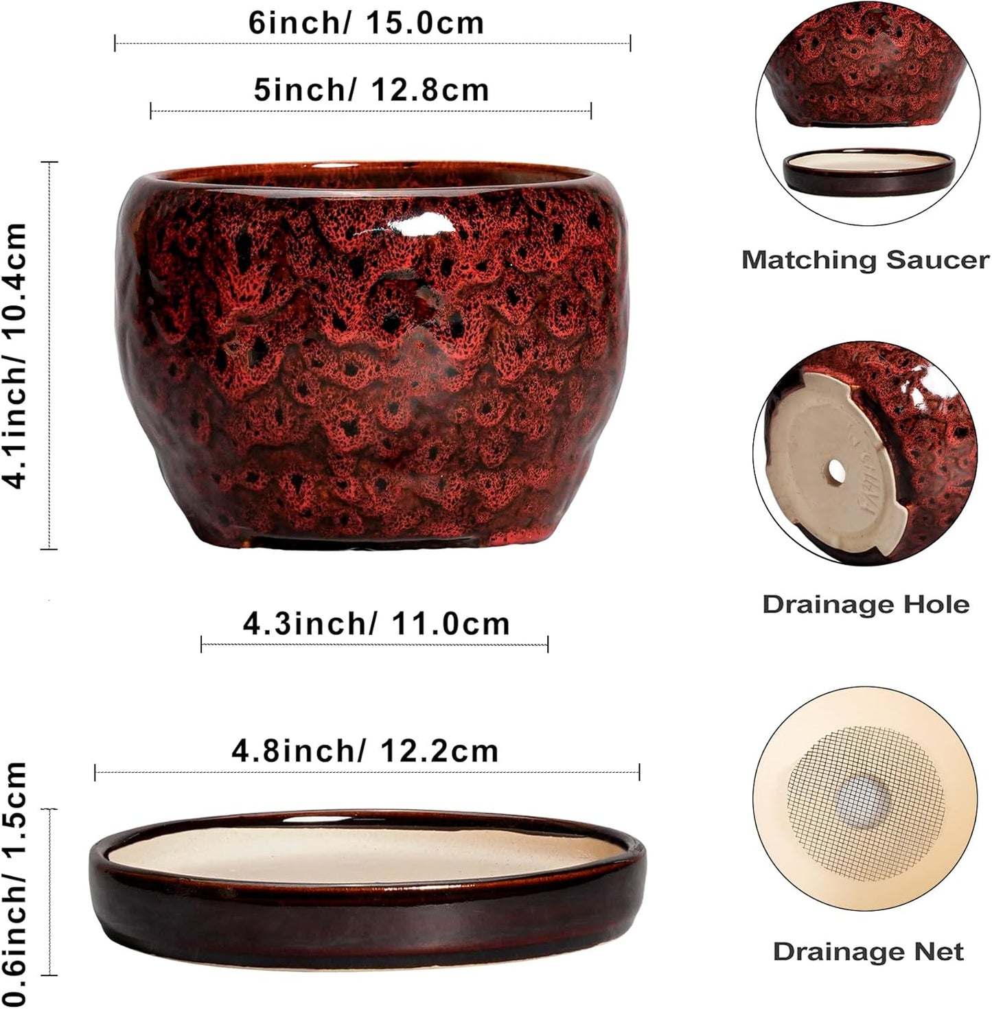 SQOWL Ceramic Pot for Plants - 6 Inch Plant Pot Indoor with Drainage Hole and Saucer, Decorative Flower Pot Outdoor, Round Succulent Planter, Front Porch Decor, House Warming Gifts New Home, Red