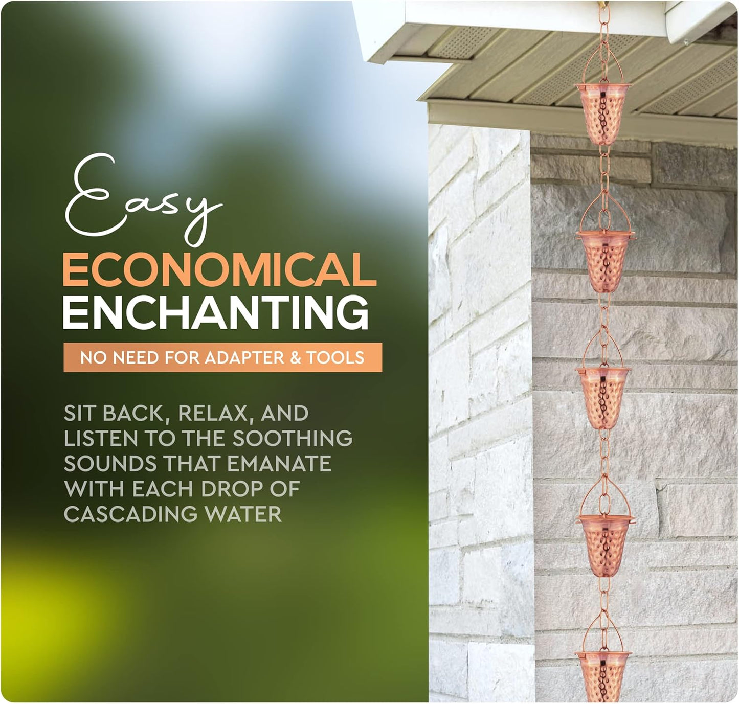 Copper Hammered Rain Chain – Decorative Chimes & Cups Replace Gutter Downspout & Divert Water Away from Home for Stunning Fountain Display – 6.5’ Long for Universal Fit – Bell Style