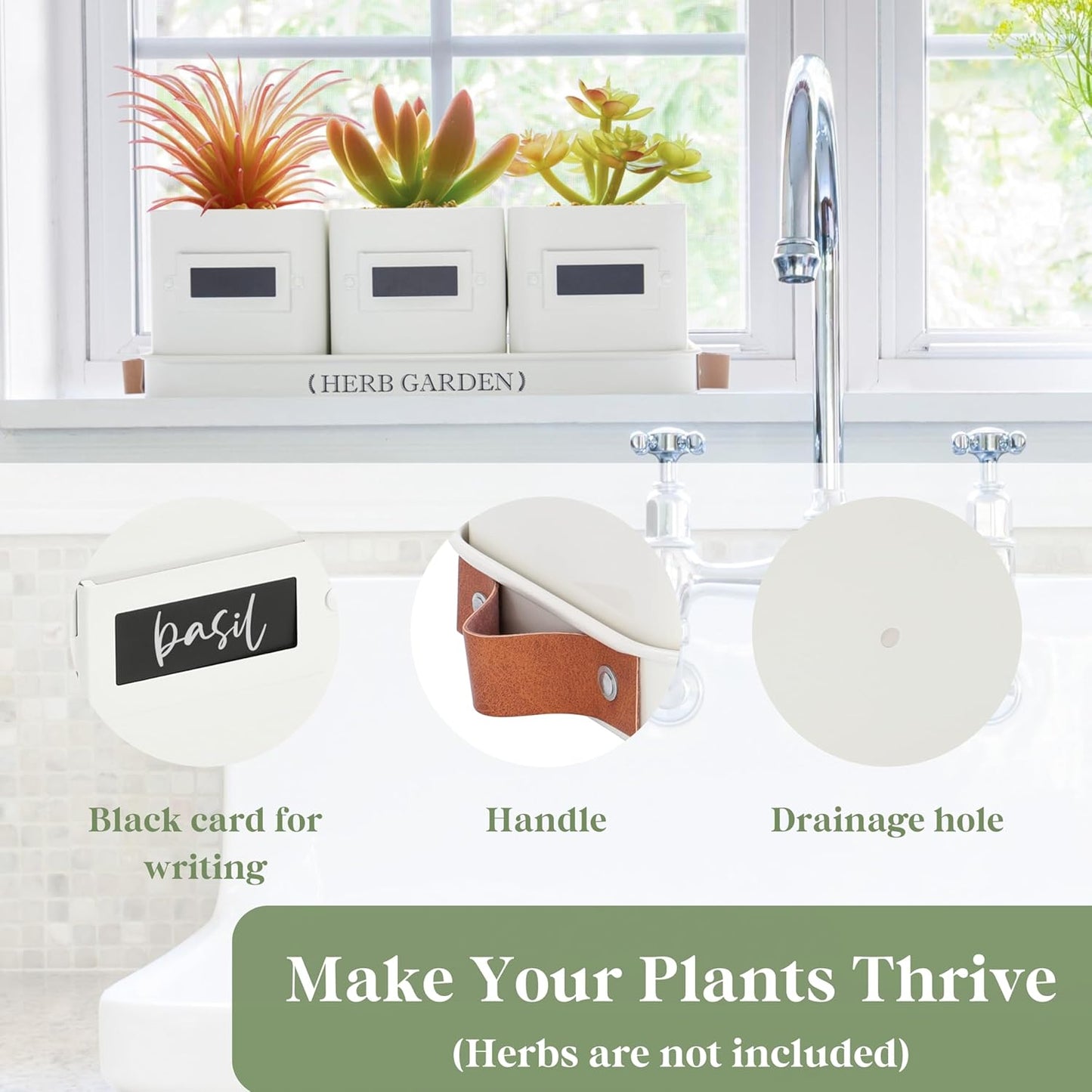 PERFNIQUE Indoor Herb Garden, Herb Planter Set with Tray, Farmhouse Indoor Plant Pots, Windowsill Herb Garden with Drainage(Planter only) for Indoor/Outdoor, Window Pots(White)