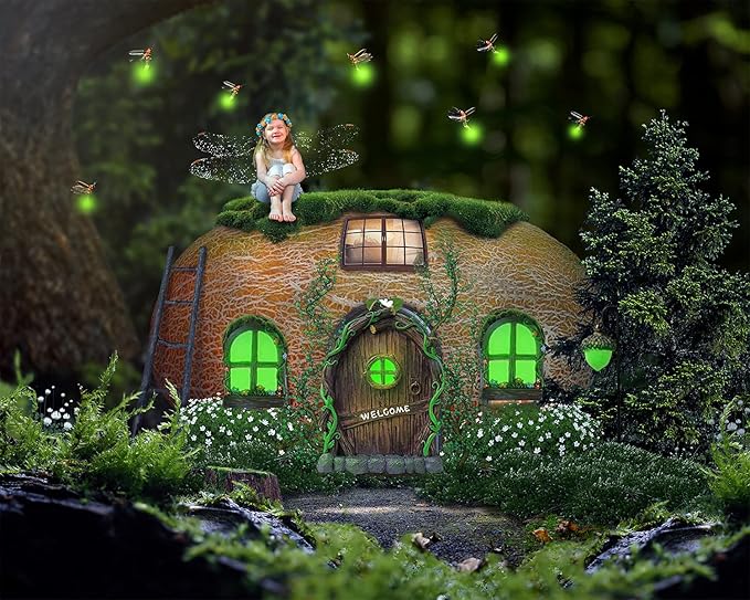Resin Miniature Fairy Gnome Home Windows and Welcome Door with Fairy Lantern,Glow in Dark Art Sculpture for Trees Outdoor Indoor Garden Yard Wall Decorations