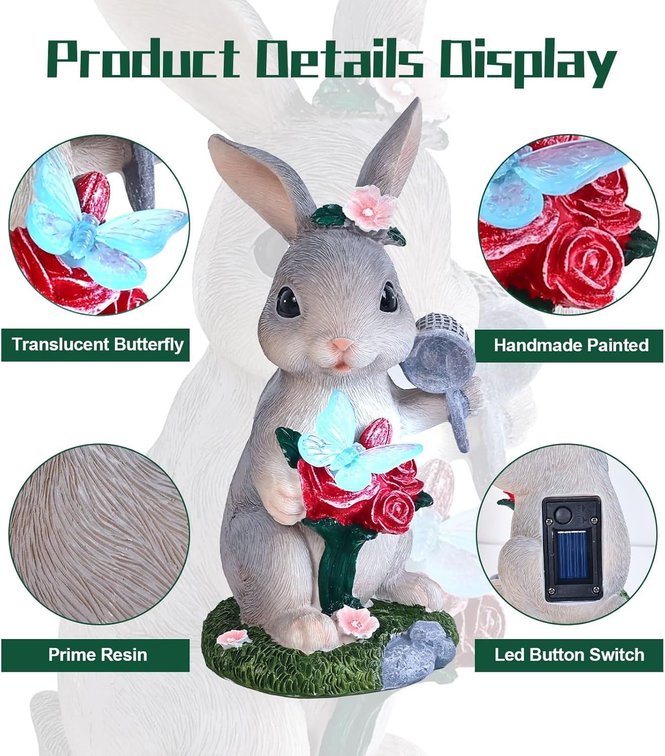 Garden Statues Rabbit with Solar Light,Bunny Outdoor Garden Decor Ornaments for Patio Yard Art,Birthday Easter House Warming Garden Gift for Women Mom,Resin Animal Figurine with Wider Base