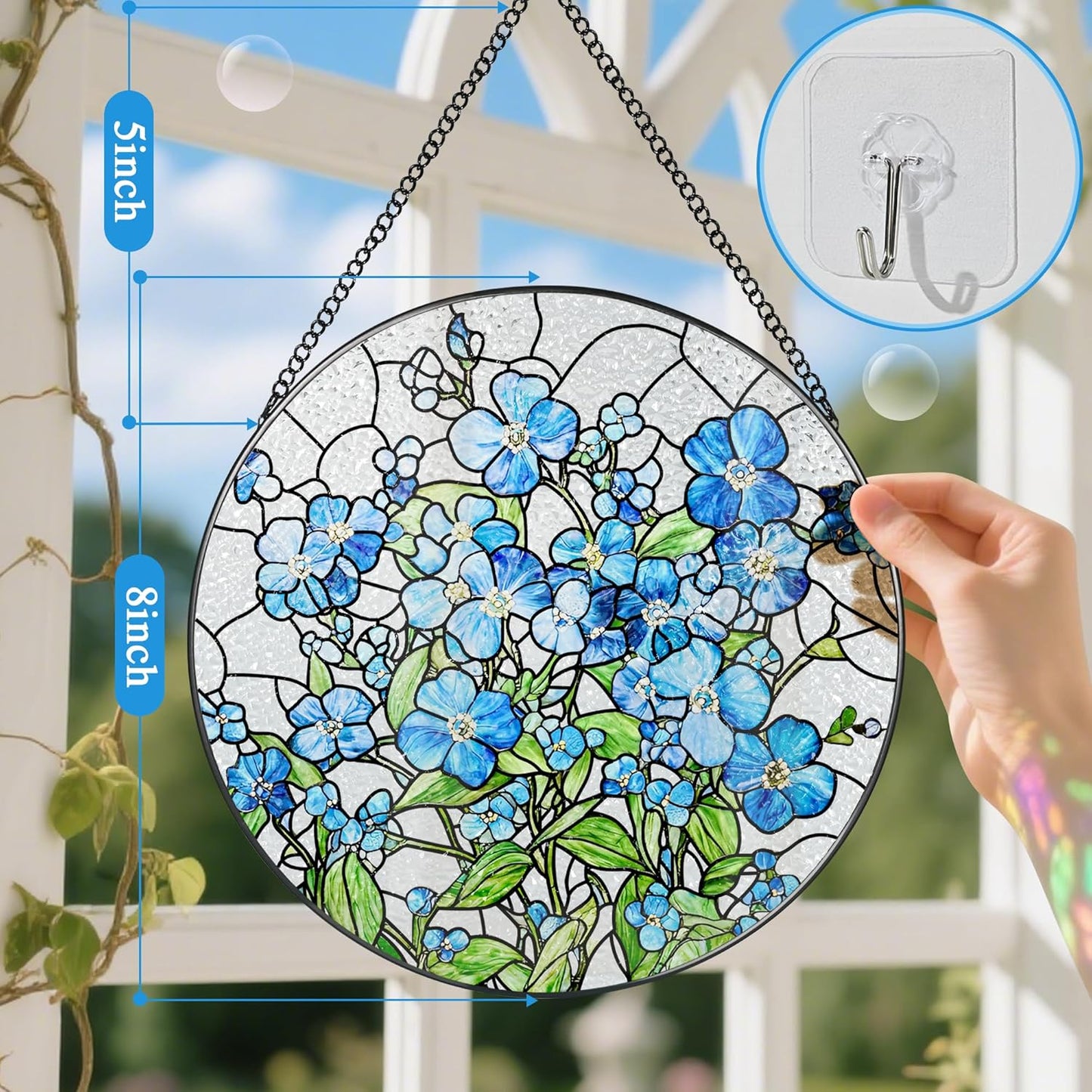 Stained Glass Window Hanging, 8 Inch Forget Me Not Stained Glass Suncatcher, Window Hanging Decor, Flower Sun Catchers, Gifts for Flower Lover, Birthday Gifts for Lover, Friend, Family, Teacher