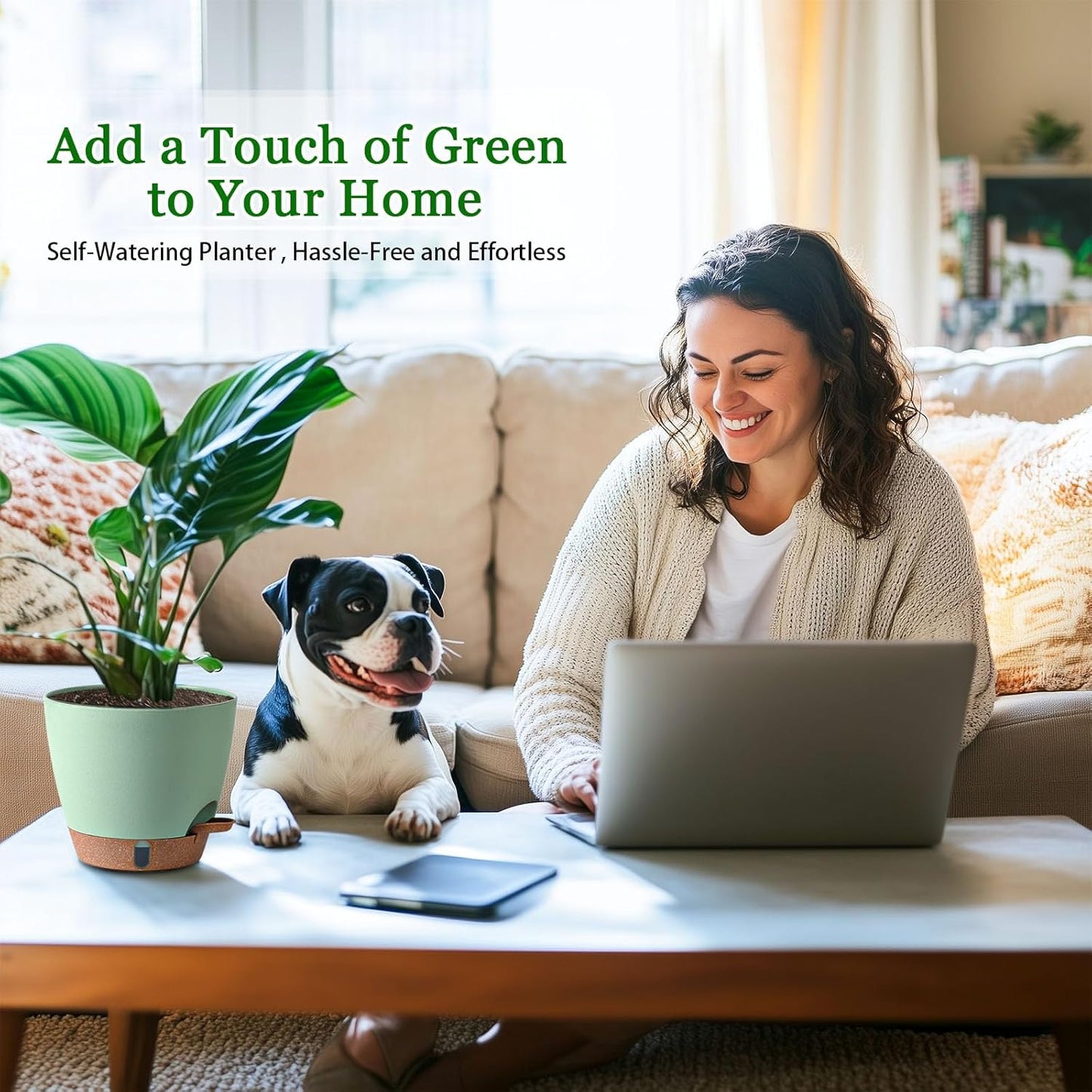 2 Pack 8 Inch Pots for Plants Indoor, Plastic Self Watering Planters with Drainage Holes, Water Level Indicator & Deep Reservoir, Decorative Flower Pots Indoor Outdoor Use (Green