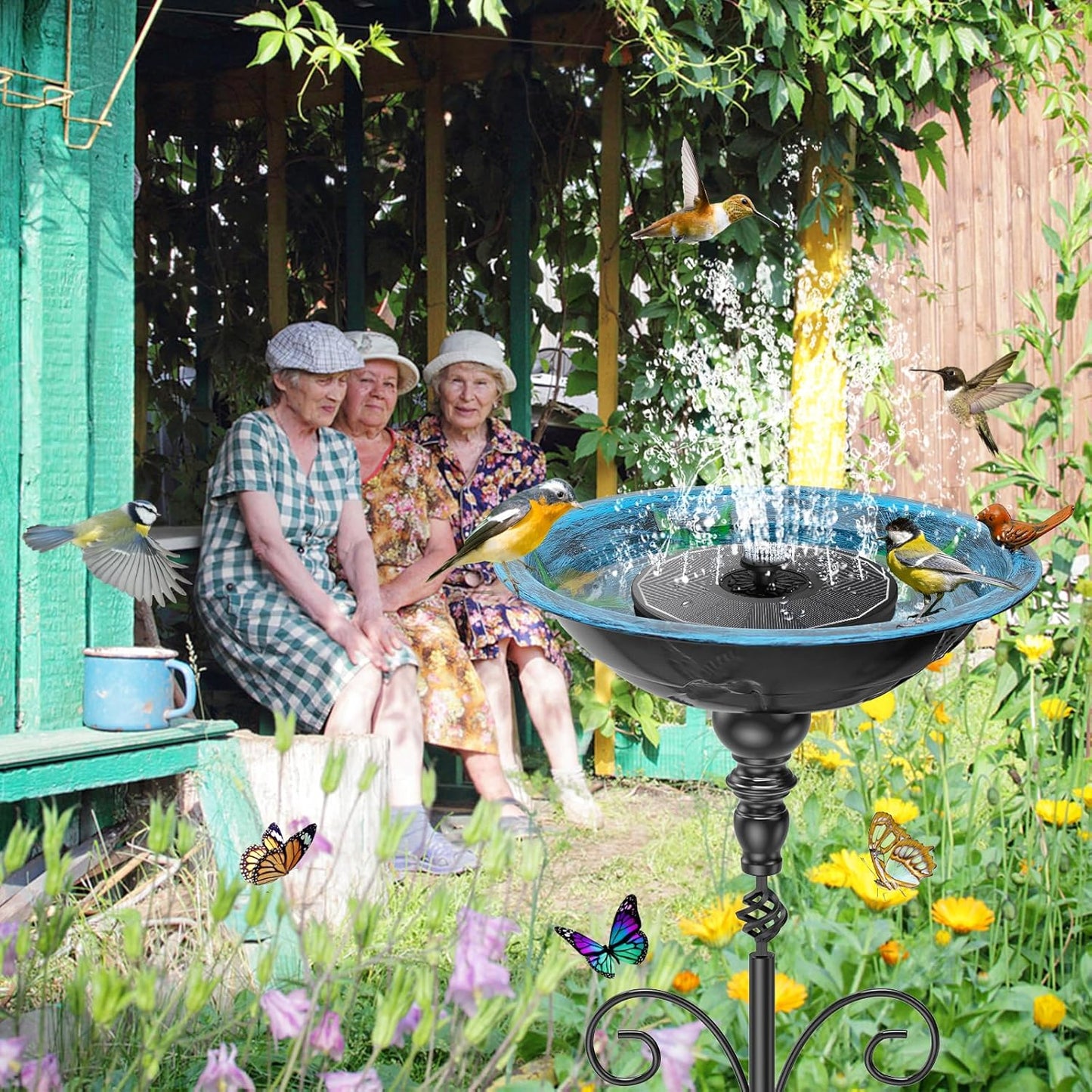 35.4" Tall Bird Bath for Outside, Vintage Metal Birdbaths Bowl with 5 Prong Bases for Outdoors, Freestanding Birdfeeder with Hummingbird Carving for Garden Yard Lawn Decor (Retro Blue)