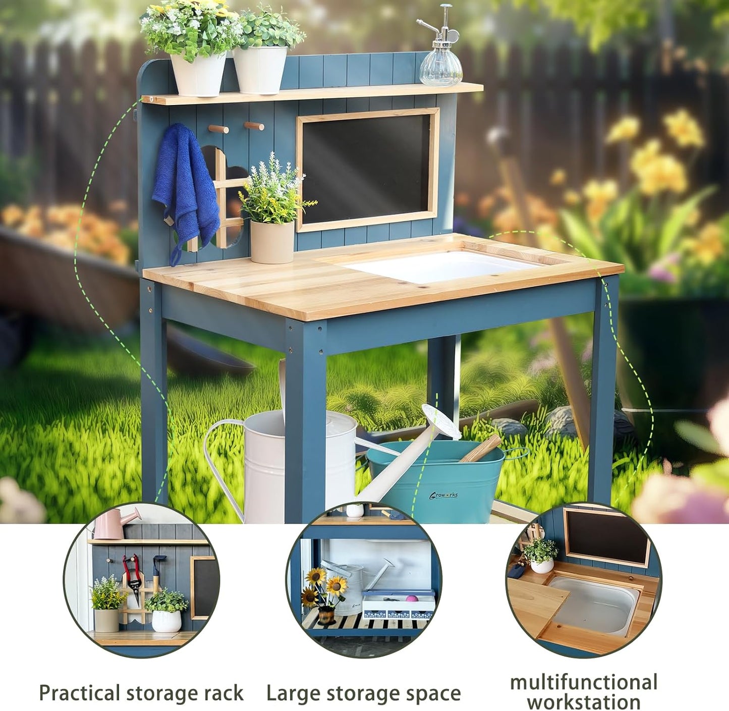 Potting Bench Outdoor Potting Table—All-Weather Kids Solid Wood Garden Work Station with Sink、Drawing Board、Shelves, Weather Proof（Blue, Large）