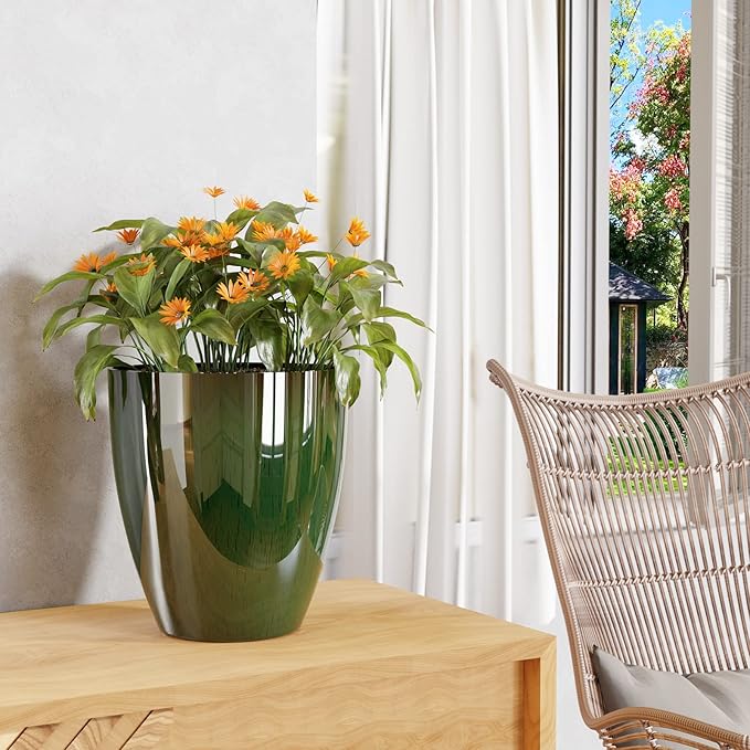 QCQHDU Plant Pots Set of 2 Pack,10 Inch Plant Pot for Indoor and Outdoor Plants with Drainage Hole,Flower Pots Modern Decorative Planter for Garden Plants (Green)