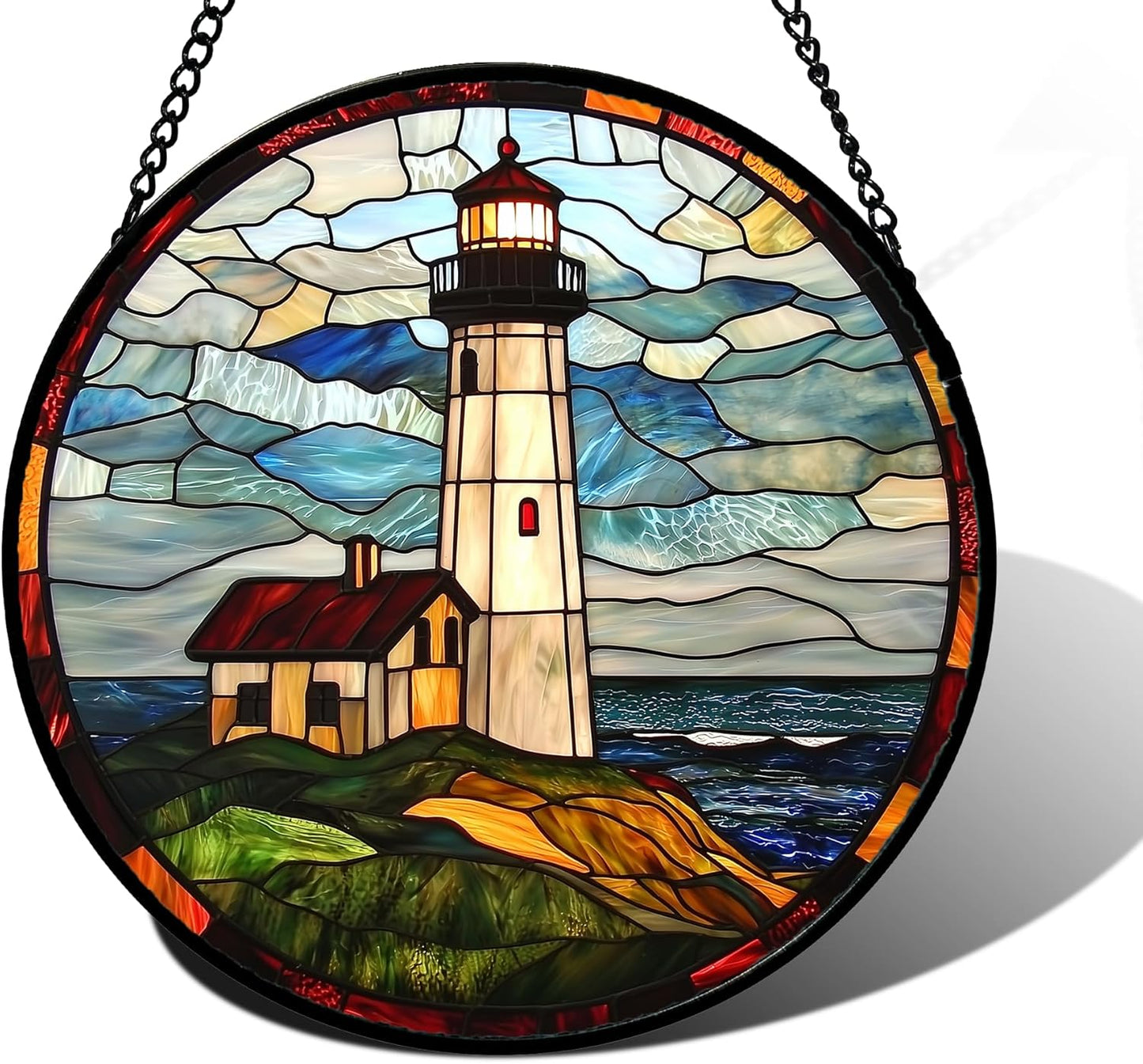 Stained Glass Window Hanging, Ocean Lighthouse Sun Catchers Glass Panel Blue Green Suncatcher Decor for Birthday for Women, Men, Wife, Aunt, and Mom 7.8 in