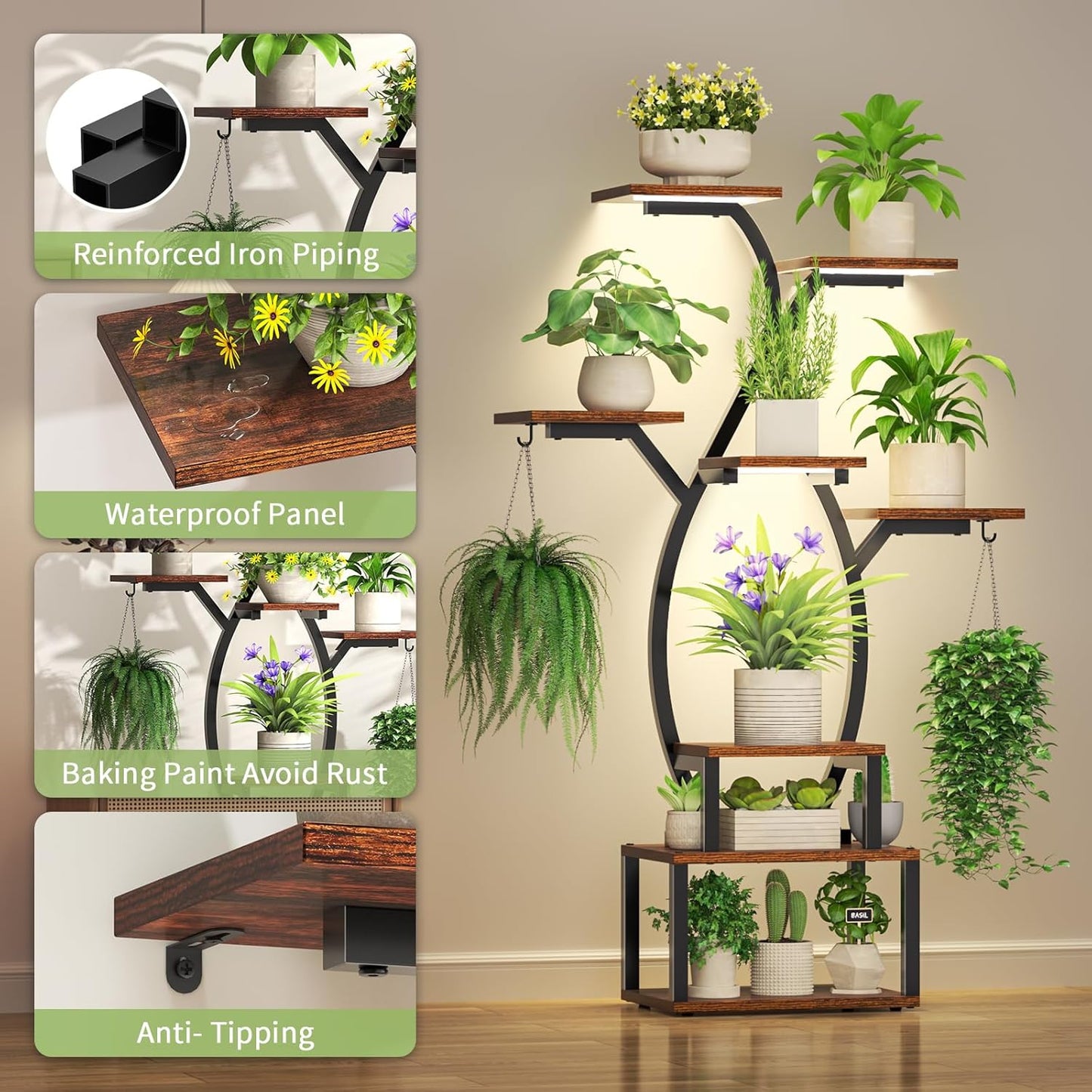 Uneedem 8 Tiered Plant Stand Indoor with Grow Lights, Plant Shelf with Grow Light, Wood Flower Stand for Multiple Plants, Metal flower Holder for Corner, Patio, Garden and Balcony, 32" × 12.3" × 48"