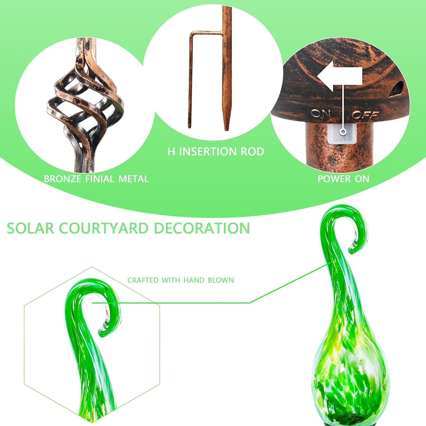 Garden Solar Lights Outdoor, Decorative LED Pearlized Glass Spiral Garden Stake with Finial, Hand Blown Glass and Metal Outdoor Decoration, 3 x 36 Inch (Green)