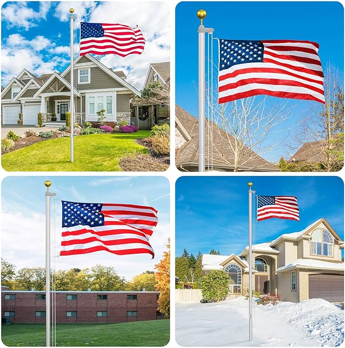 Flag Pole Kit 25FT, 12 Gauge 1.8mm Thickness Heavy Duty Flag Poles with 3x5 American Flag, Silver Flag pole for Outdoor House In Ground, Extra Thick Flagpoles Suitable for Yard and Garden