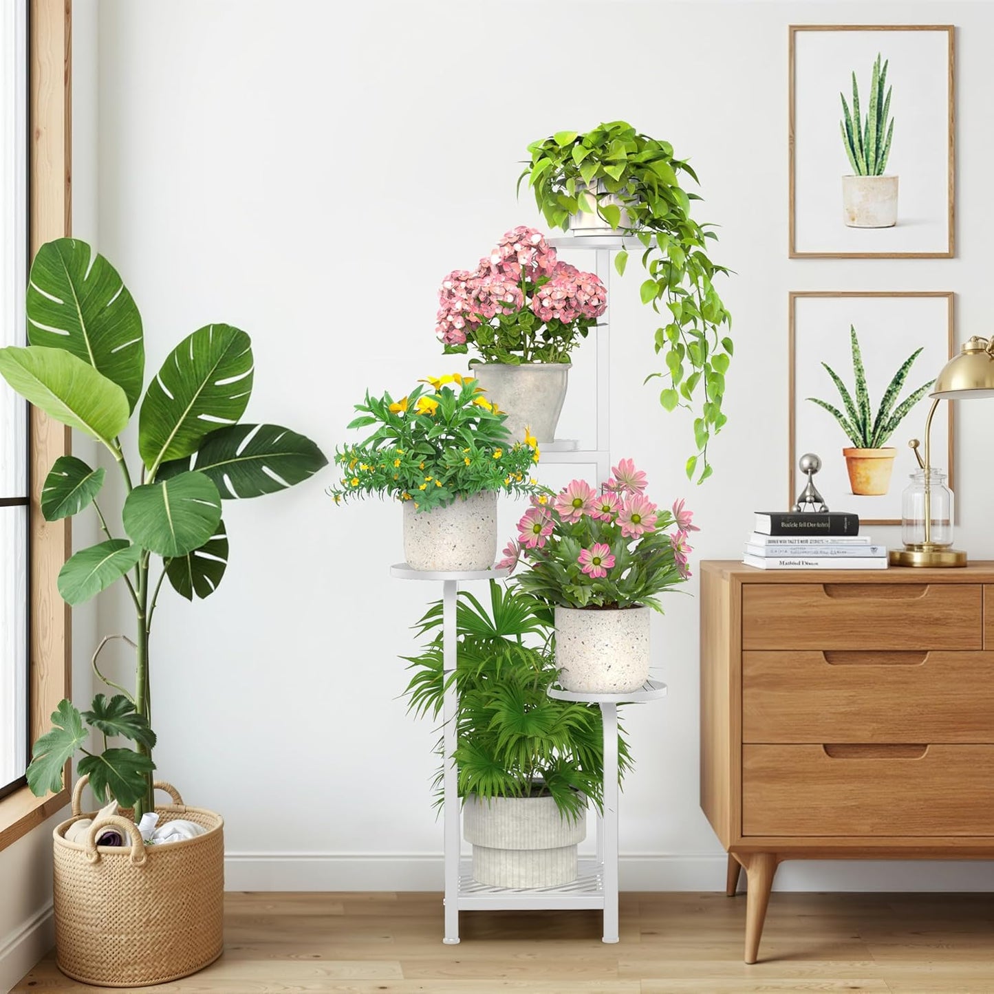 TOSKING 5 Tier Tall Plant Stand Indoor Outdoor, Heavy Duty Corner Shelf for Plants & Decor, Space Saving 3.9FT Metal Flower Pot Stand for Balcony, Garden, Living Room, Patio (White, 47in)