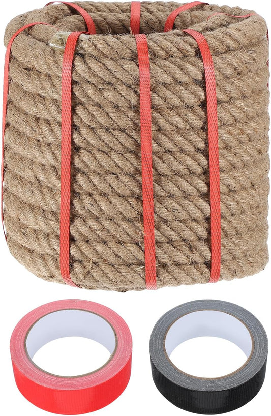 MECCANIXITY Jute Rope 1 Inch x 66ft, Thick Twine Rope Ropes Braided Jute Twine Natural Brown Burlap Cord String Heavy Twisted with Tapes for Decorative Crafts Railing Swing Tug of War