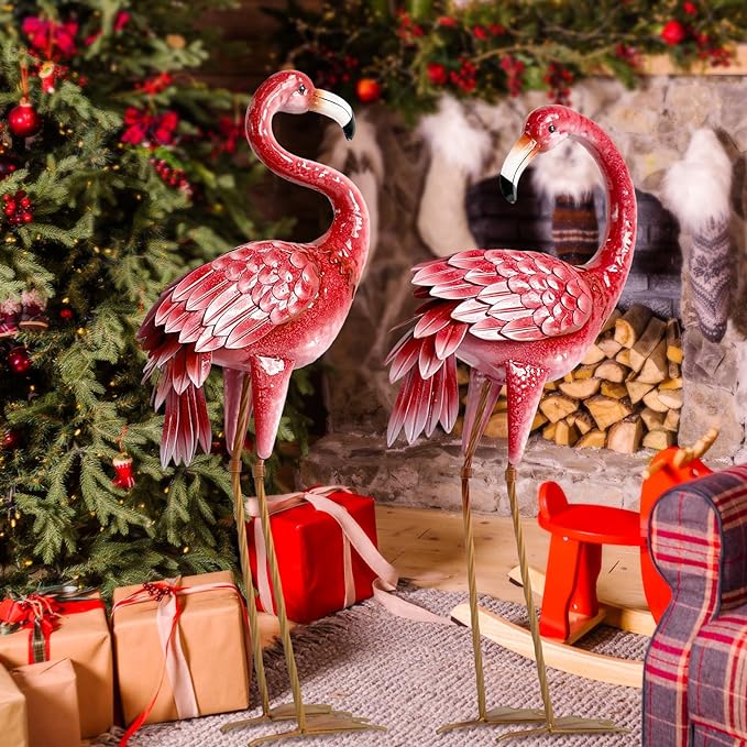 Kircust Flamingo Garden Statues and Sculptures, Metal Birds Yard Art Outdoor Statue, Large Pink Flamingo Lawn Ornaments for Home, Patio, Backyard Decor (2-Pack)